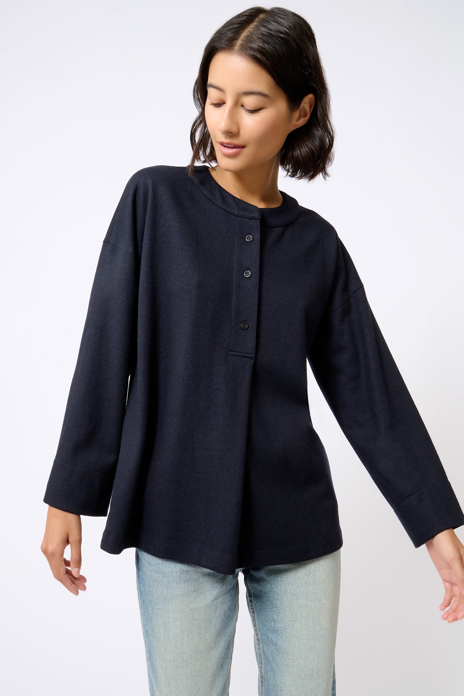 Kal Rieman Band Collar Top in Midnight on Model Looking Down Front View