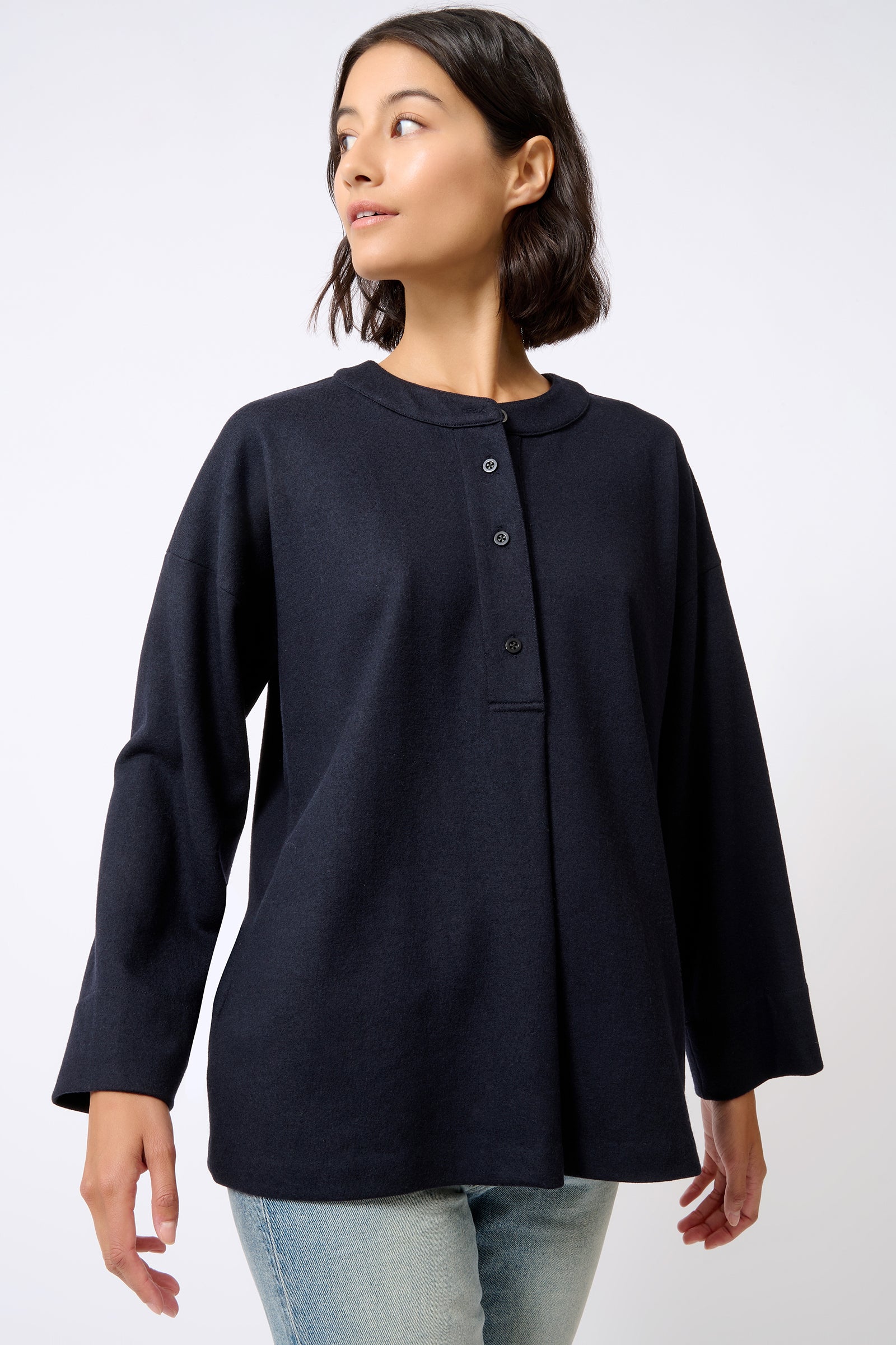 Kal Rieman Band Collar Top in Midnight on Model with Hand on Hip Front View