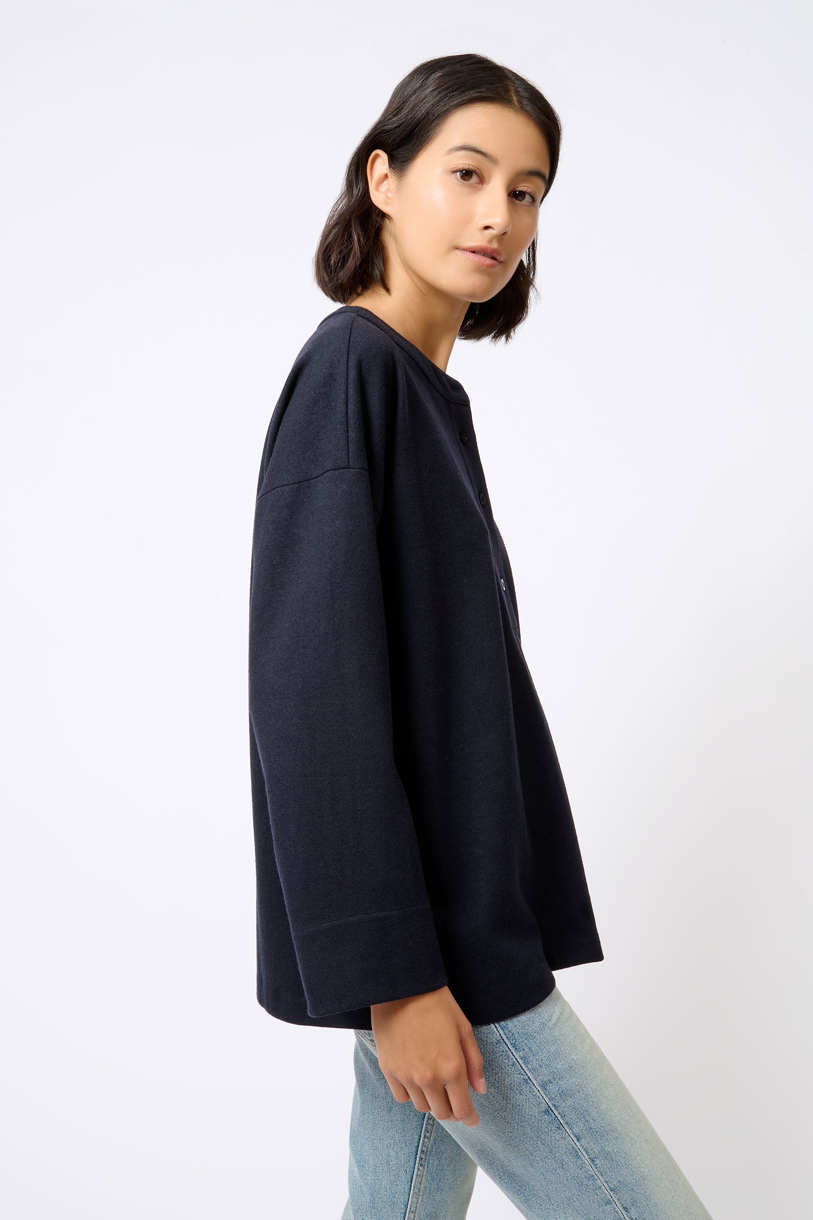 Band Collar Top in Midnight Italian Felted Jersey with Front Placket and  Pleat Detail – KAL RIEMAN