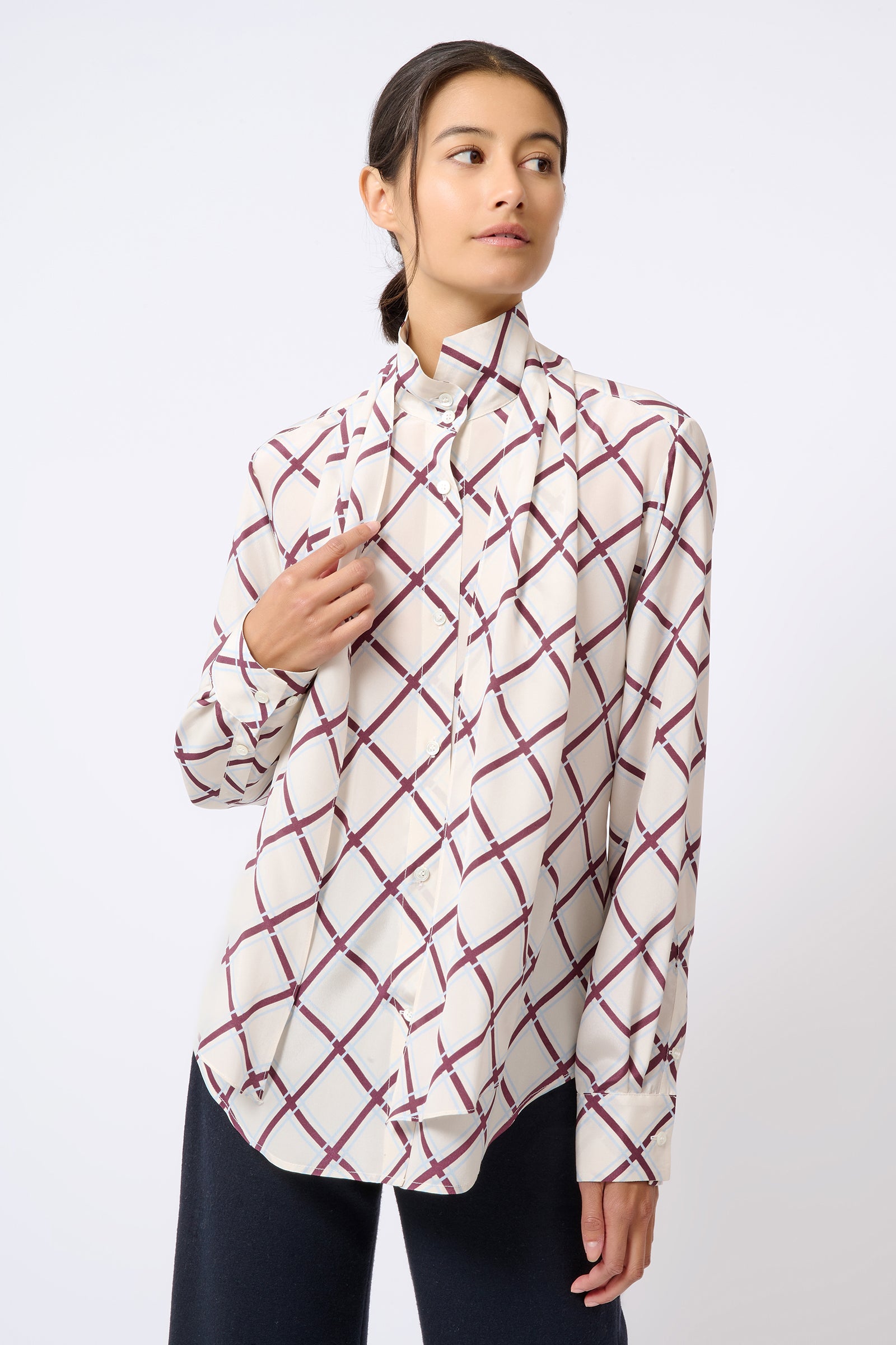 Kal Rieman Scarf Tie Blouse in Diagonal Print on Model Looking Left Front View