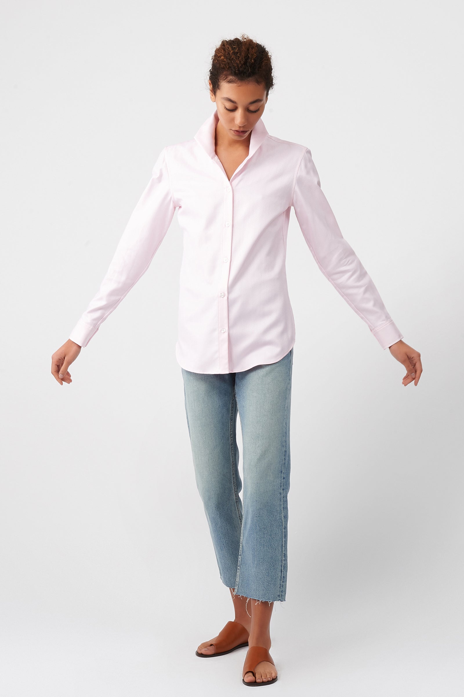 Kal Rieman Ginna Box Pleat Shirt in Pink Herringbone on Model Full Front View