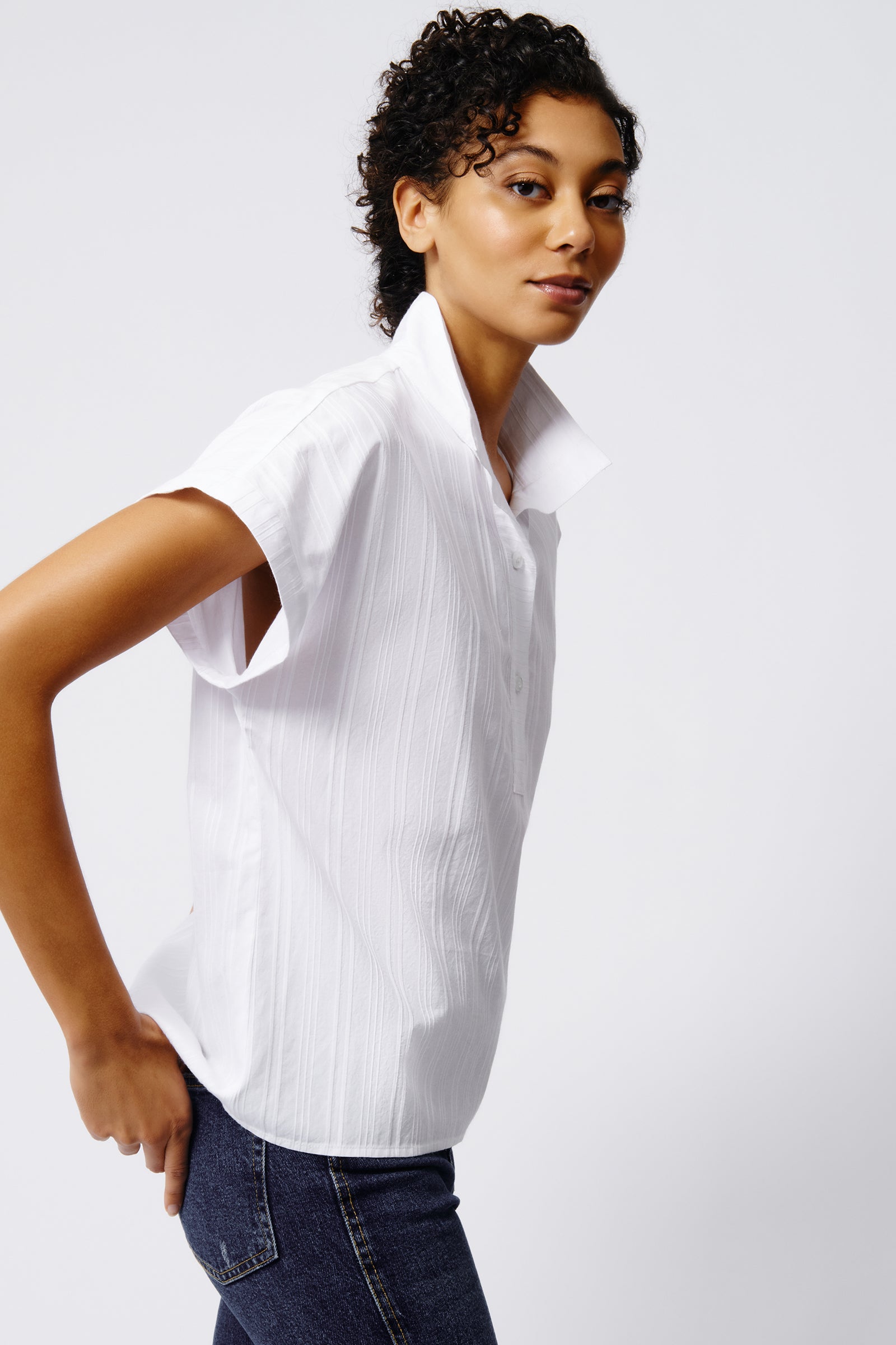 Kal Rieman Cabana Shirt in White Stripe on Model Side View Crop
