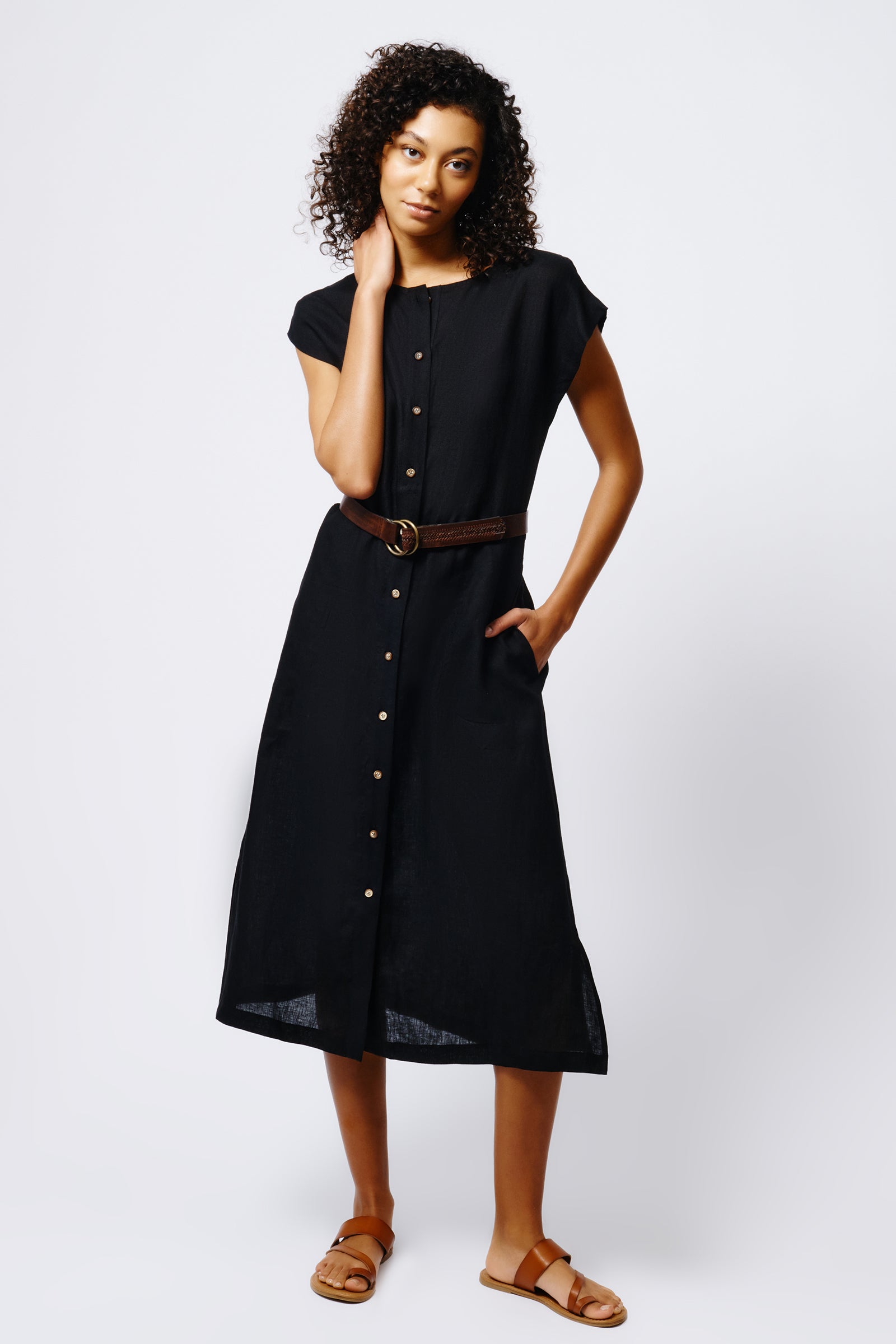 Kal Rieman Harlow Cap Sleeve Dress in Black Linen on Model Full Front View