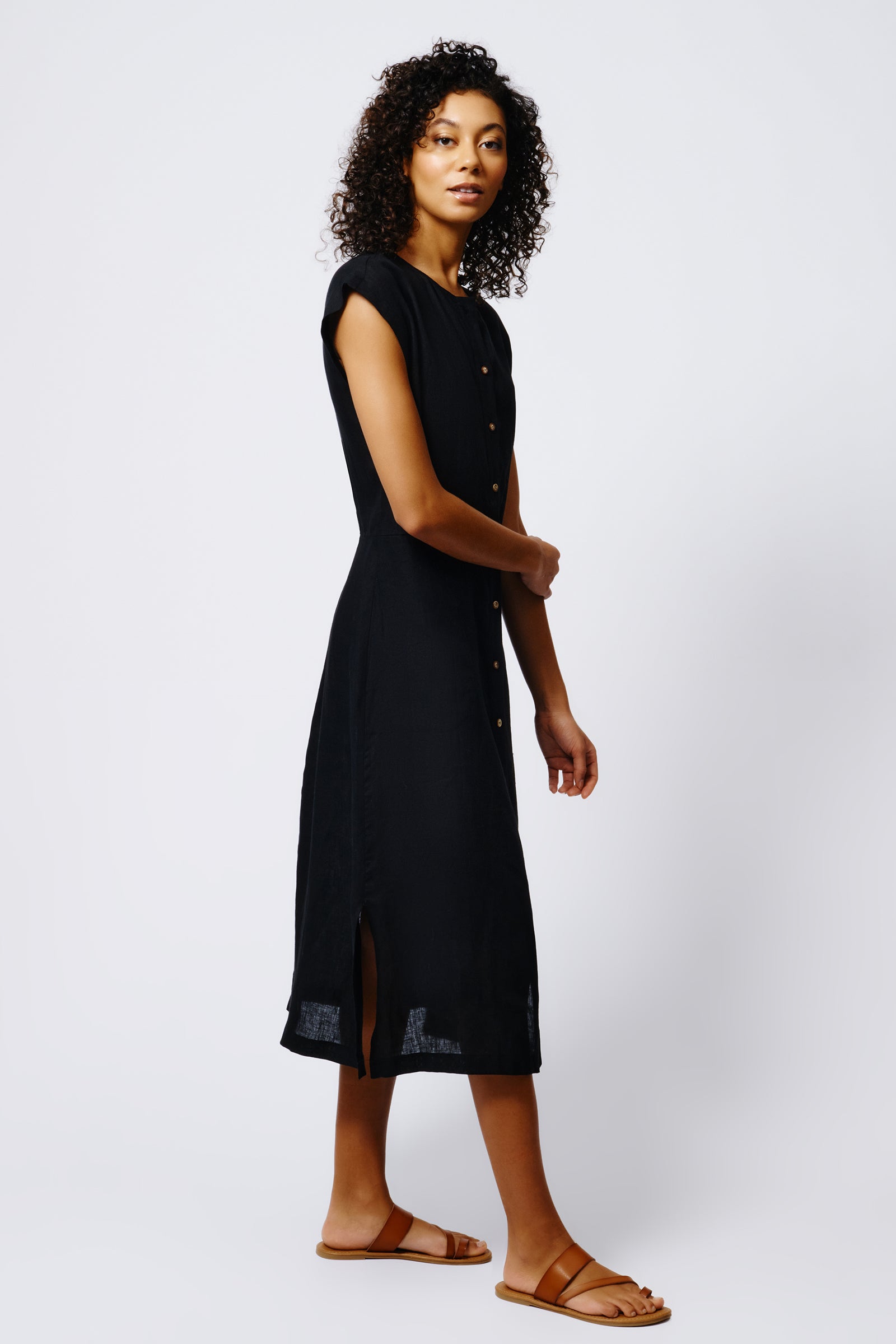 Kal Rieman Harlow Cap Sleeve Dress in Black Linen on Model Full Side View