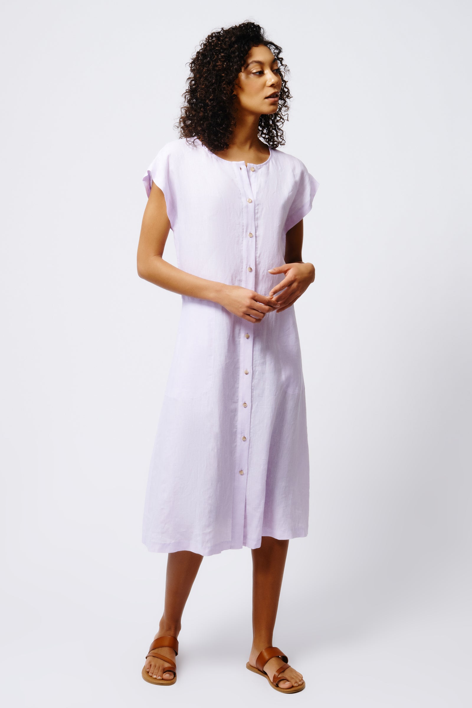 Kal Rieman Harlow Cap Sleeve Dress in Lavender Linen on Model Front View Full 2