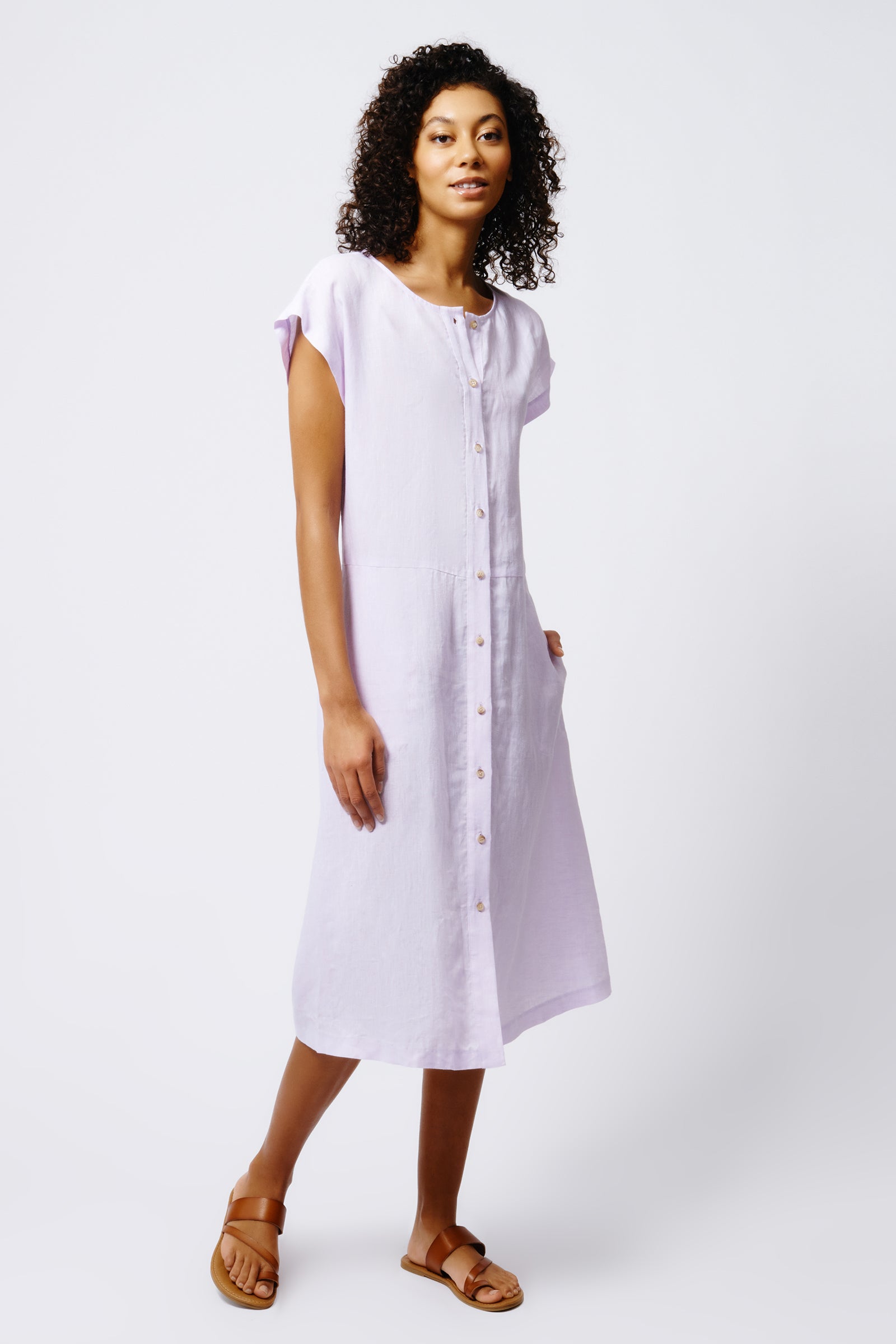 Kal Rieman Harlow Cap Sleeve Dress in Lavender Linen on Model Front View Full 3