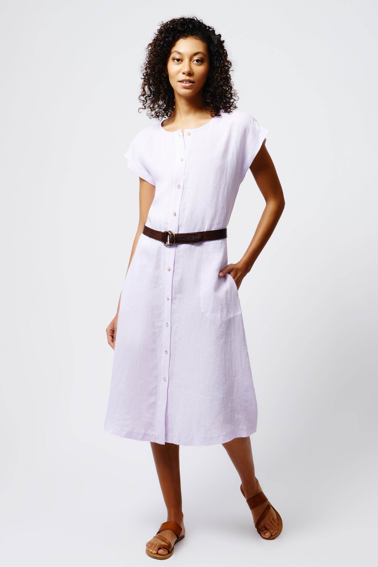 Kal Rieman Harlow Cap Sleeve Dress in Lavender Linen on Model Front View Full