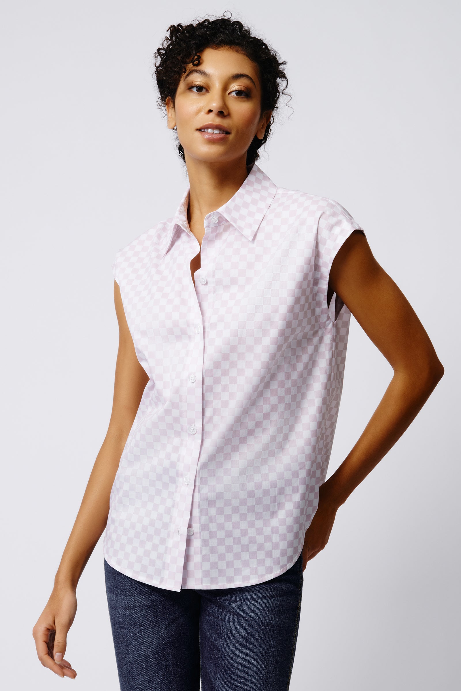 Kal Rieman Cap Sleeve Shirt in Lavender Checkerboard on Model Front View Crop 3