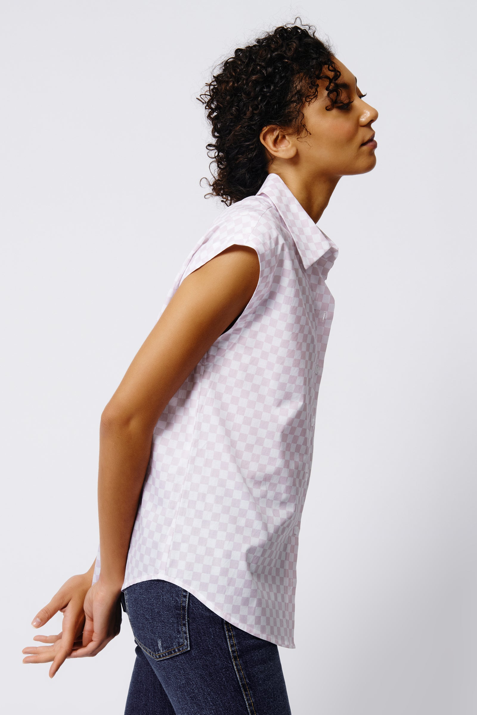 Kal Rieman Cap Sleeve Shirt in Lavender Checkerboard on Model Side View Crop
