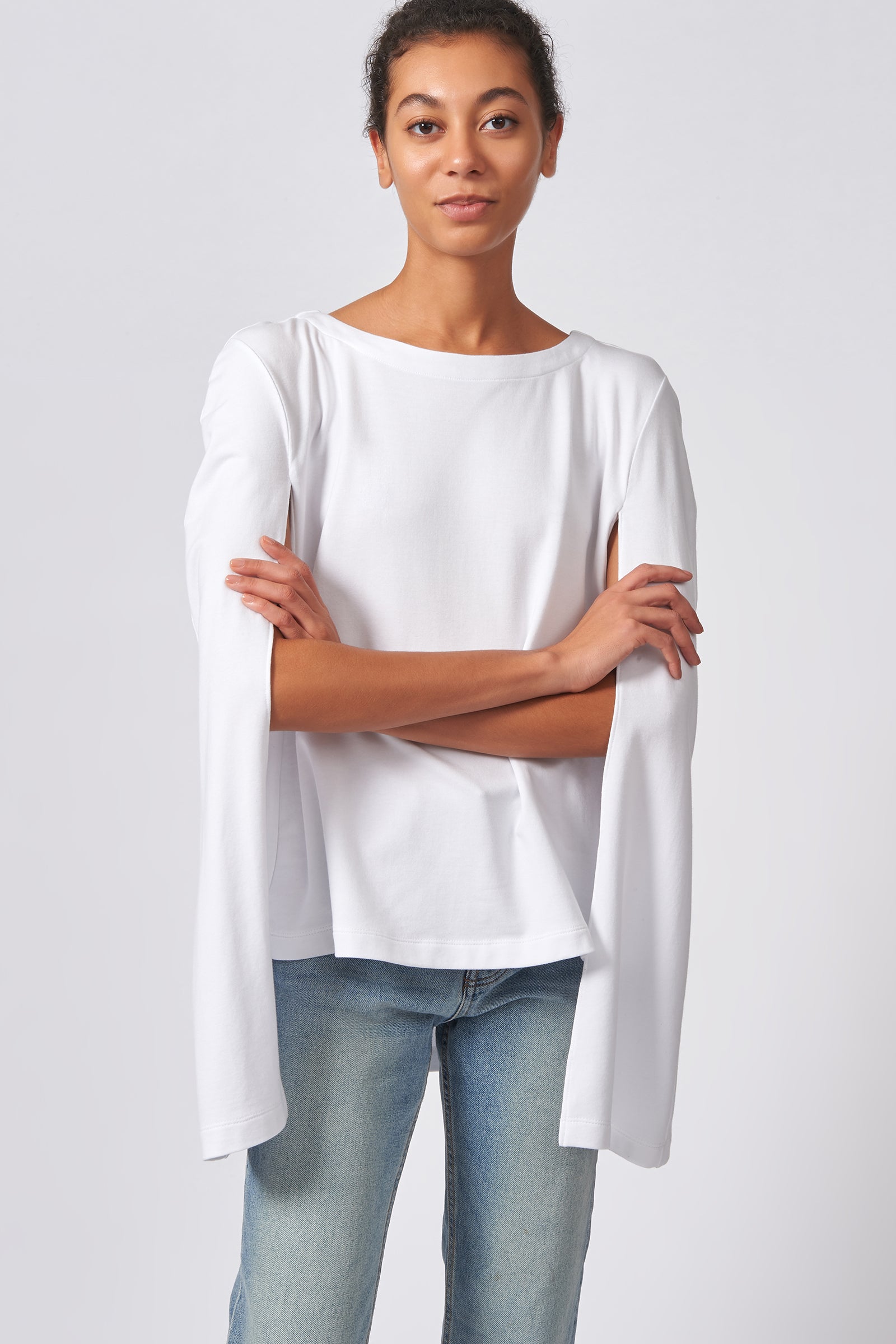Kal Rieman Cape Sweatshirt in White on Model Front View