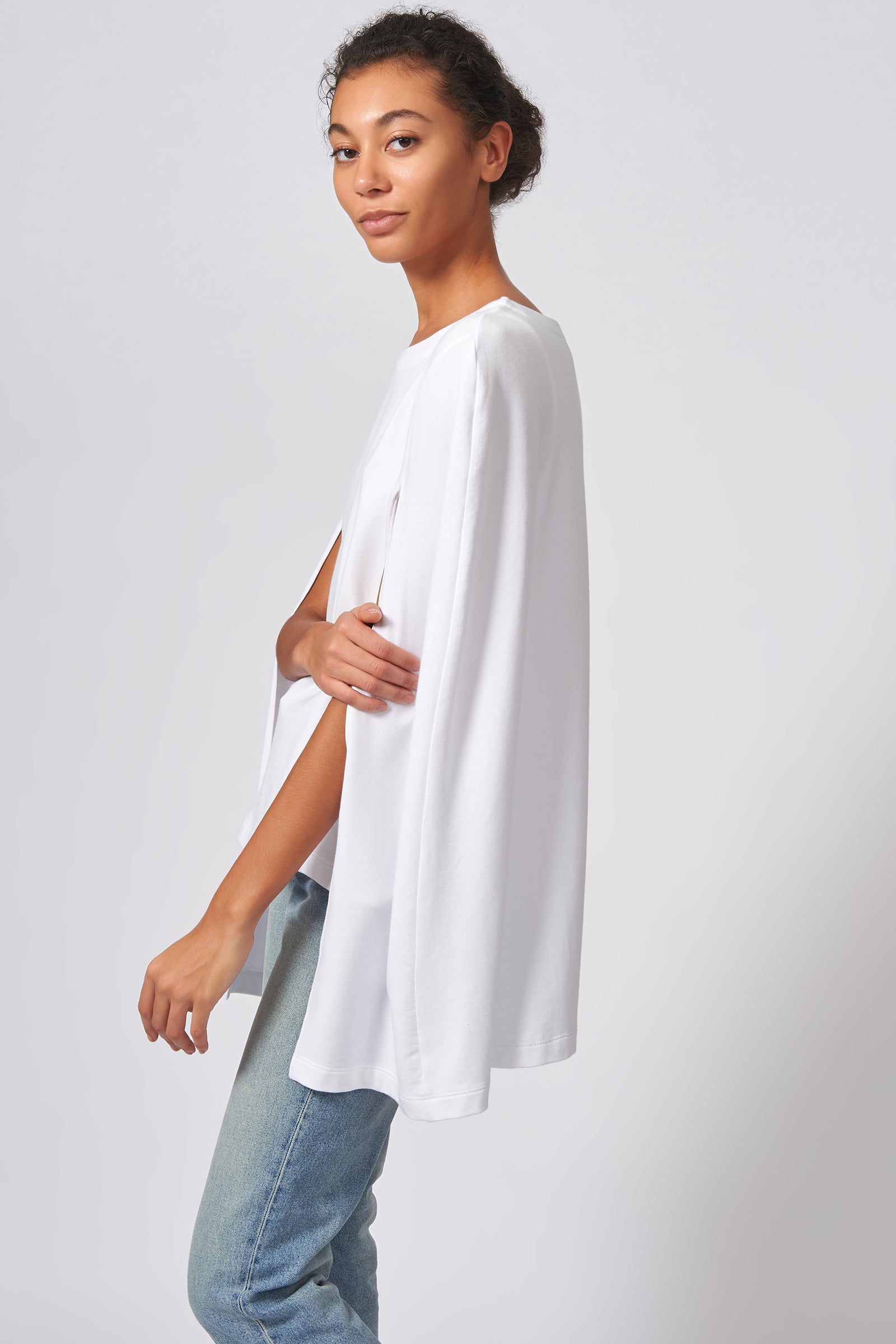 Kal Rieman Cape Sweatshirt in White on Model Side View