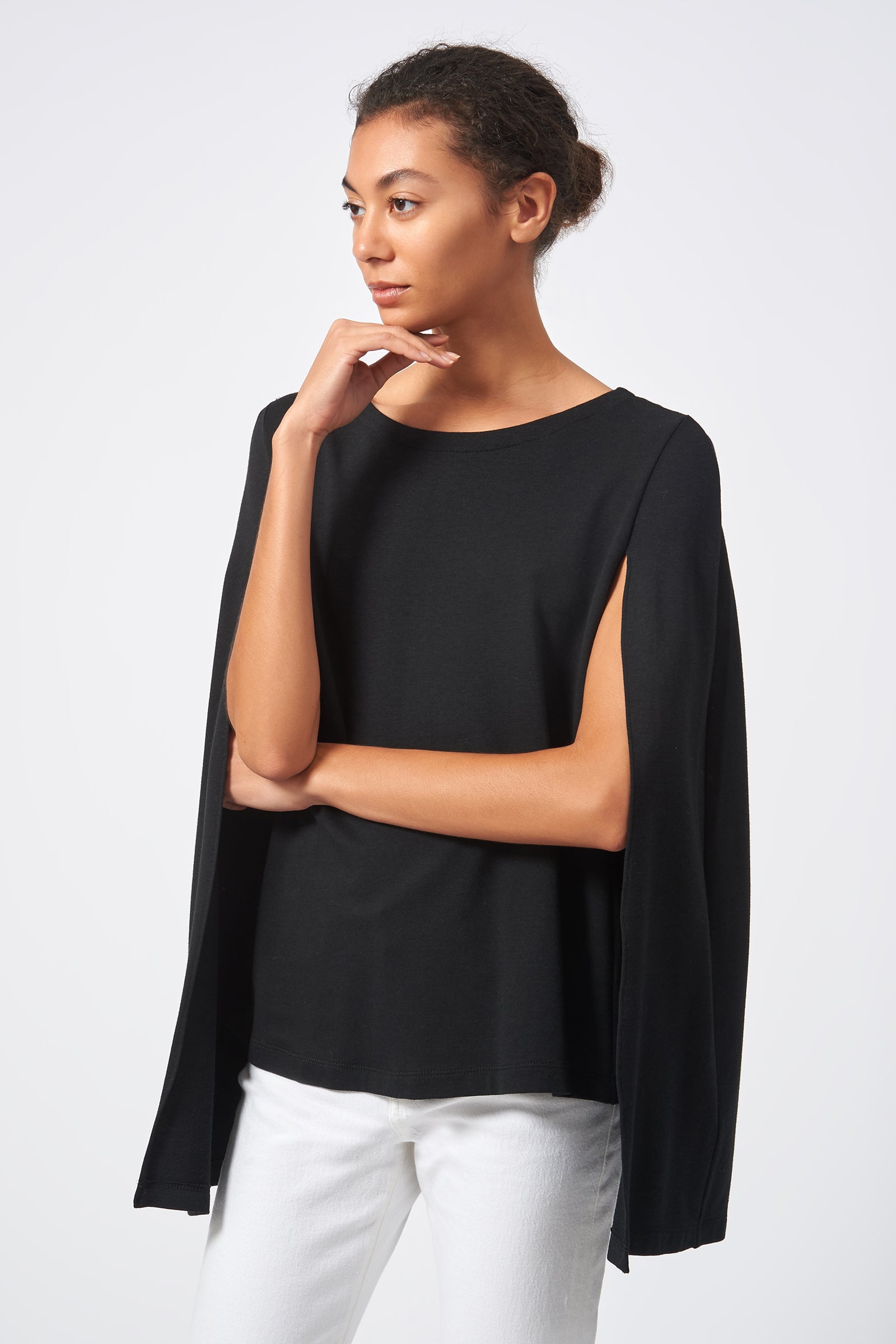 Kal Rieman Cape Sweatshirt in Black on Model Front View