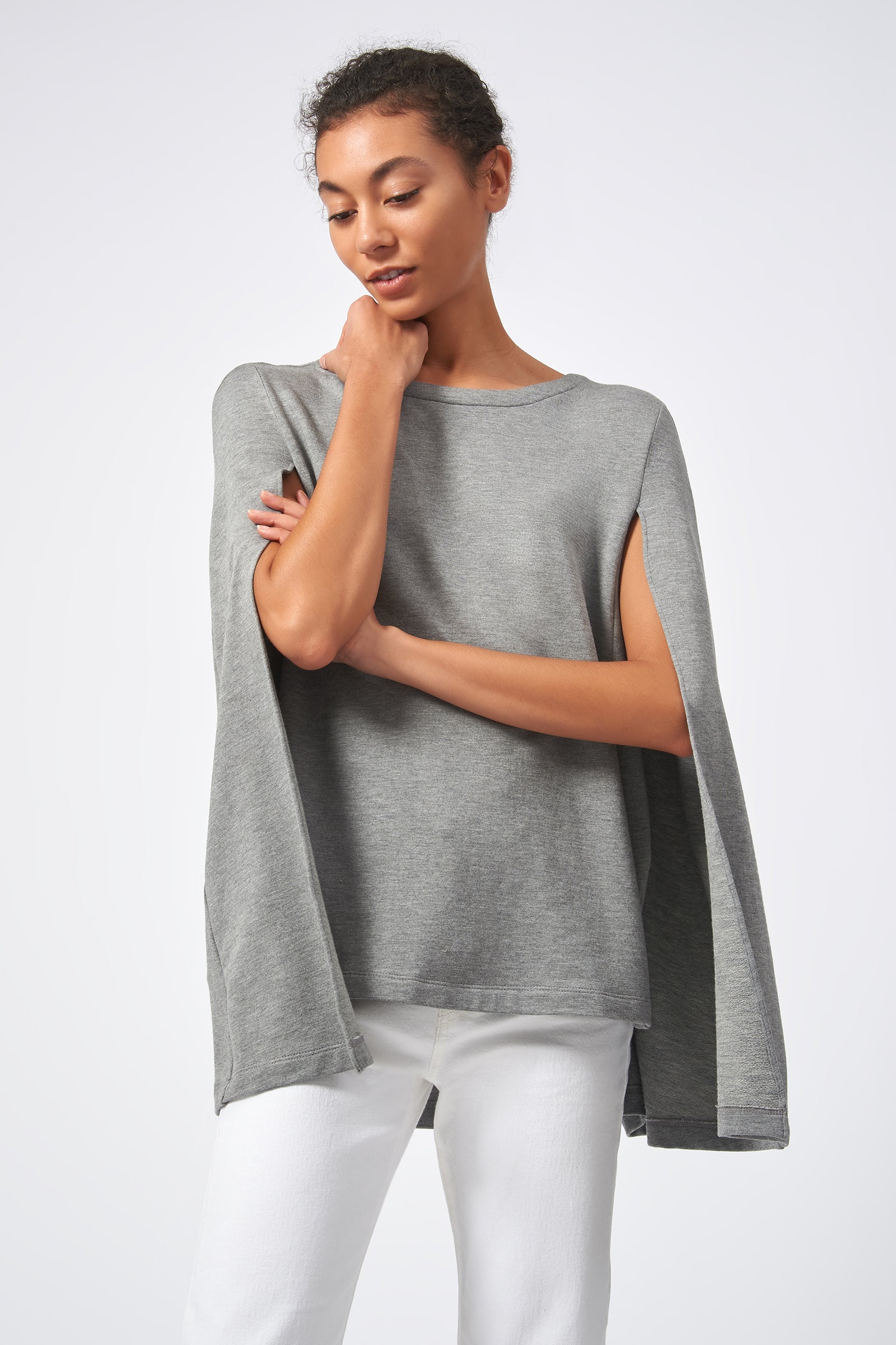 Kal Rieman Cape Sweatshirt in Heather Grey on Model Front View