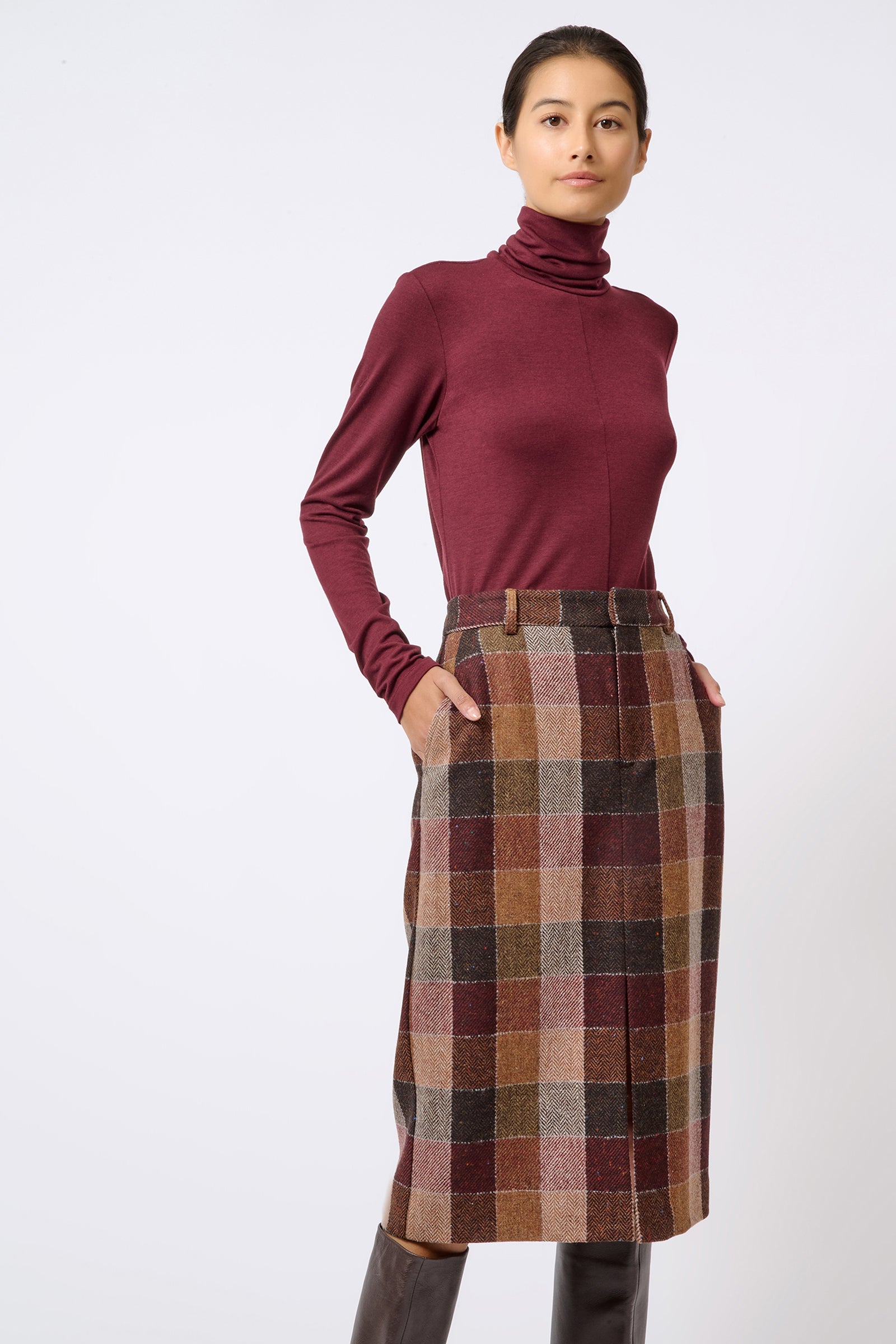Kal Rieman Caroline Trouser Skirt in Patchwork Fabric on Model with Hands in Pockets Front View