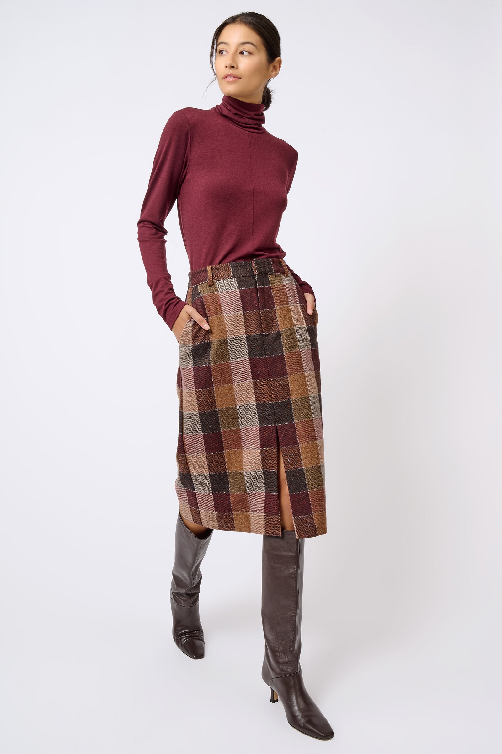 Kal Rieman Caroline Trouser Skirt in Patchwork Fabric on Model Walking Full Front View