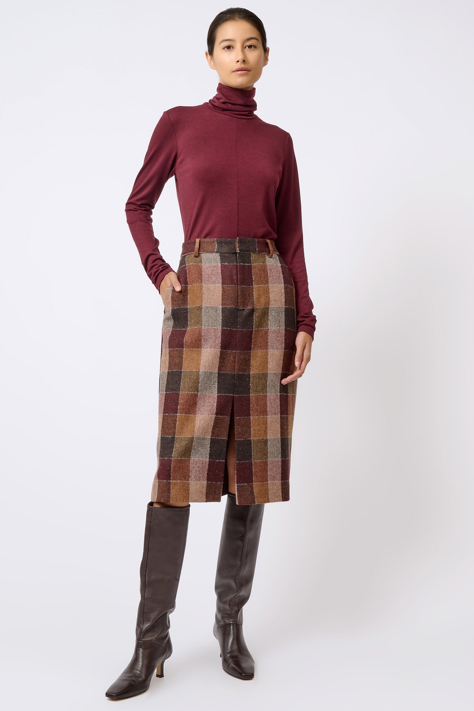 Kal Rieman Caroline Trouser Skirt in Patchwork Fabric on Model with Hand in Pocket Full Front View