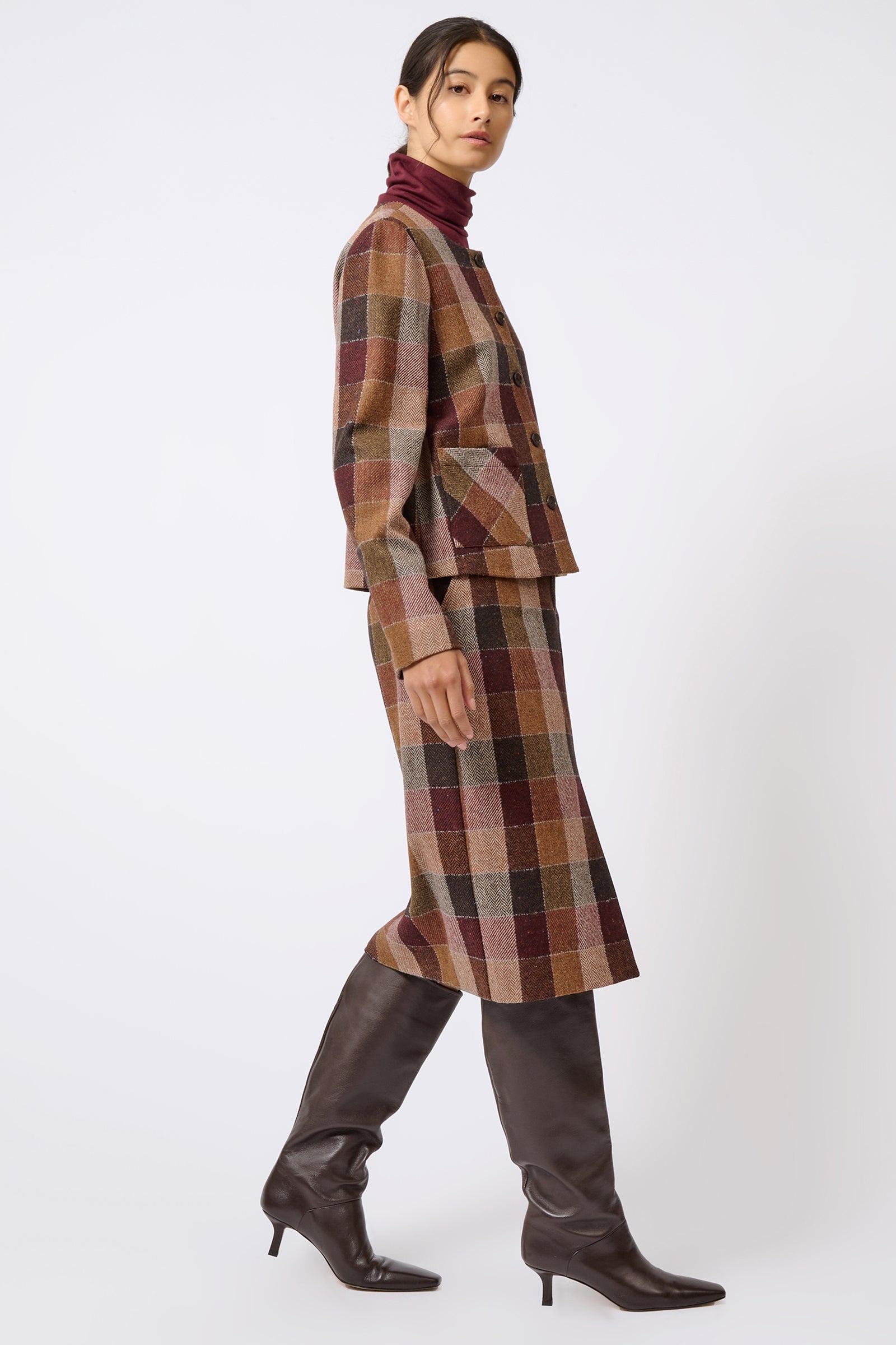 Kal Rieman Caroline Trouser Skirt in Patchwork Fabric on Model Wearing Matching Jacket Full Side View