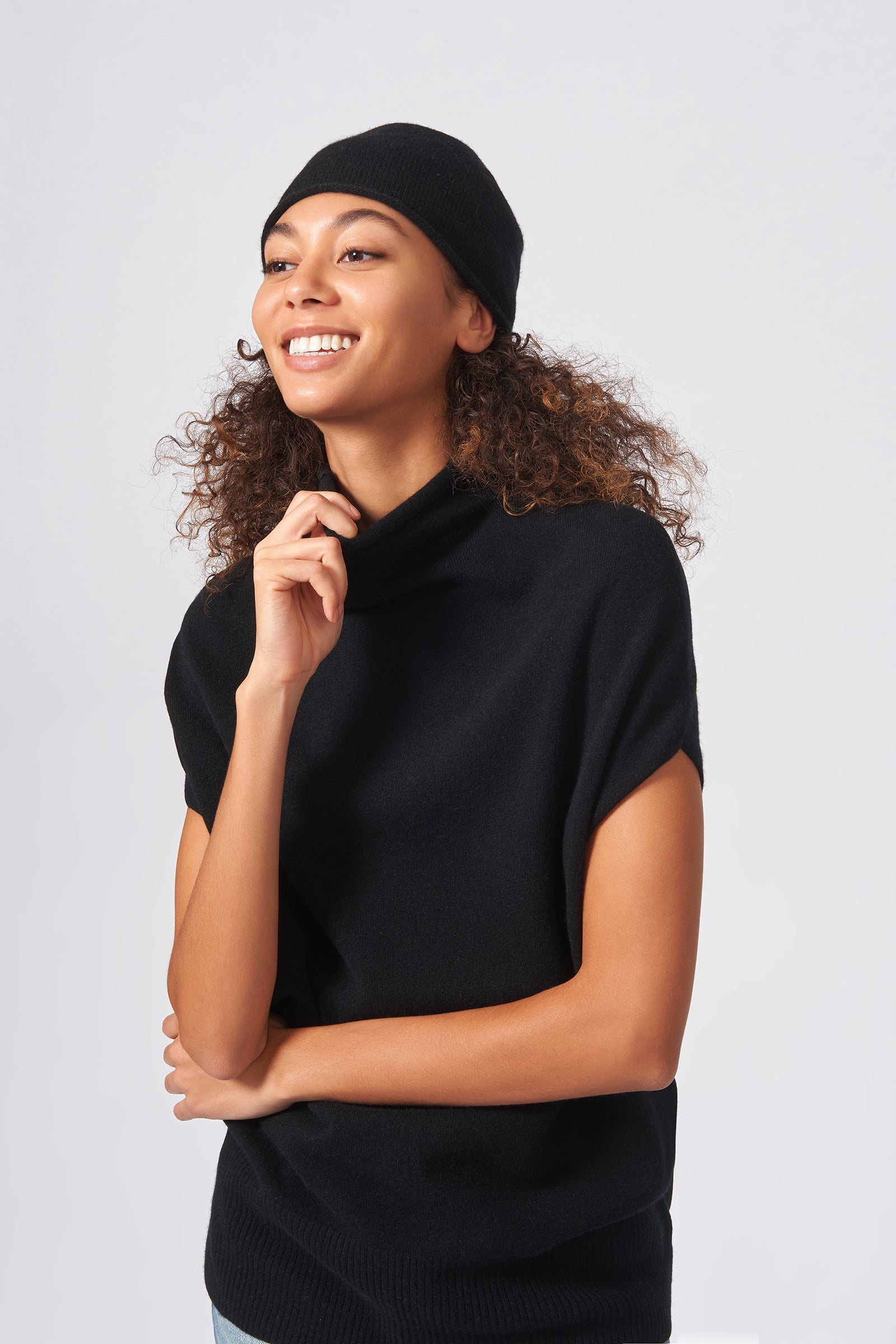 Kal Rieman Cashmere Cap in Black on Model Front Side View