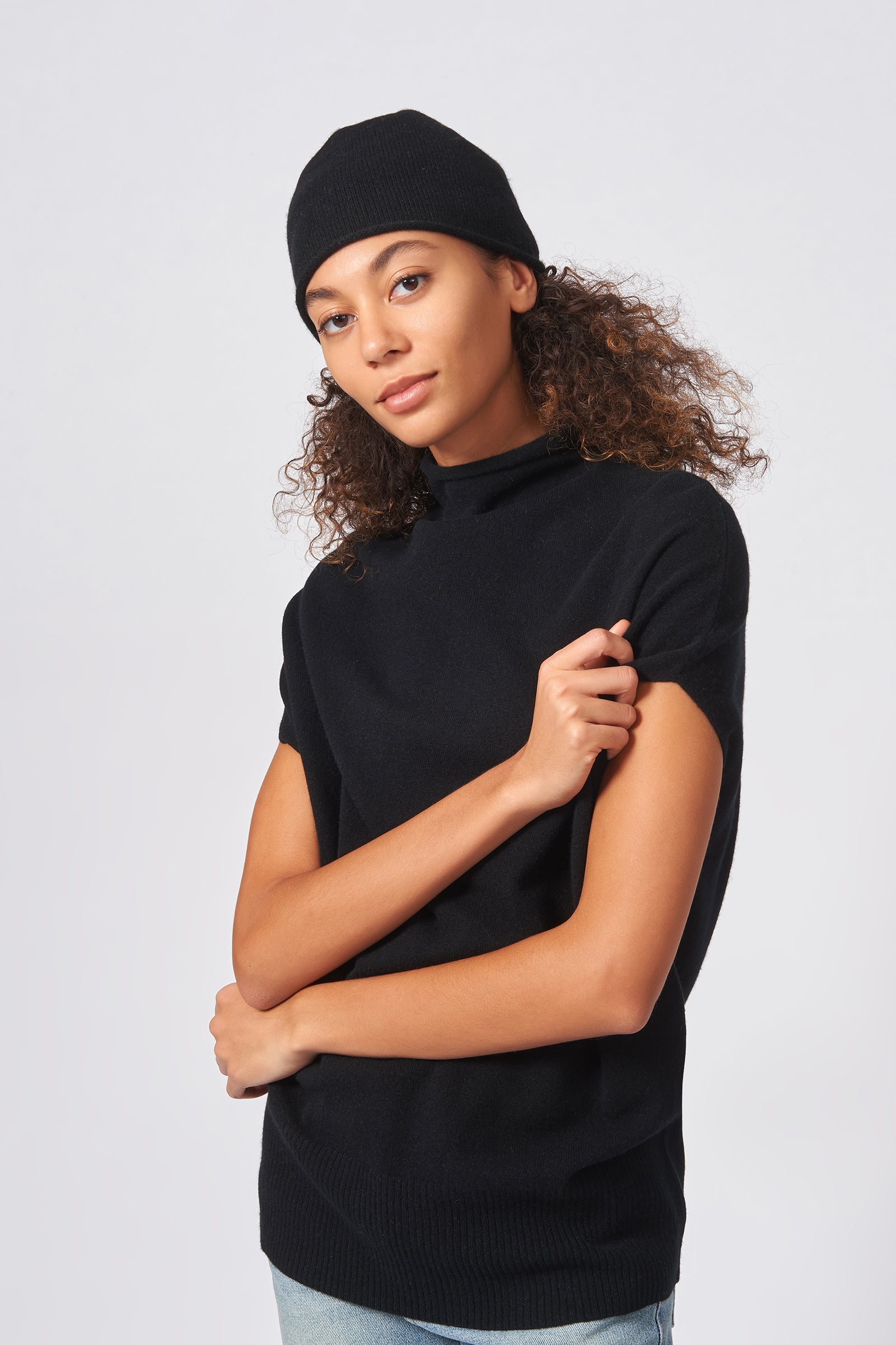 Kal Rieman Cashmere Cap in Black on Model Front Side View
