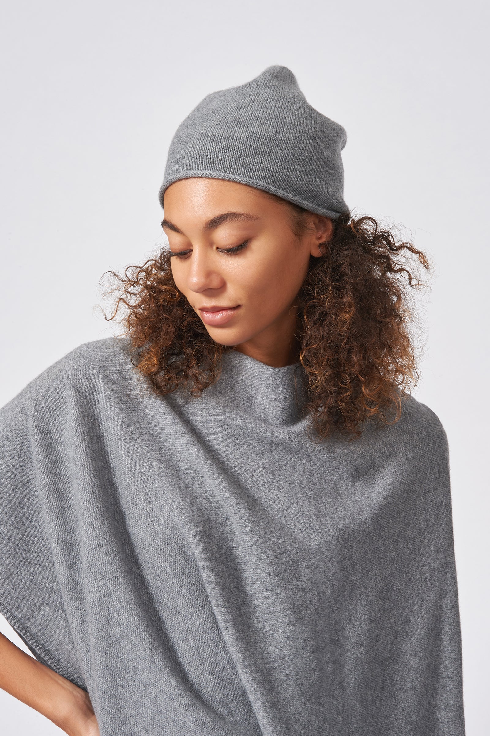Kal Rieman Cashmere Cap in Flannel Grey on Model Front Side View