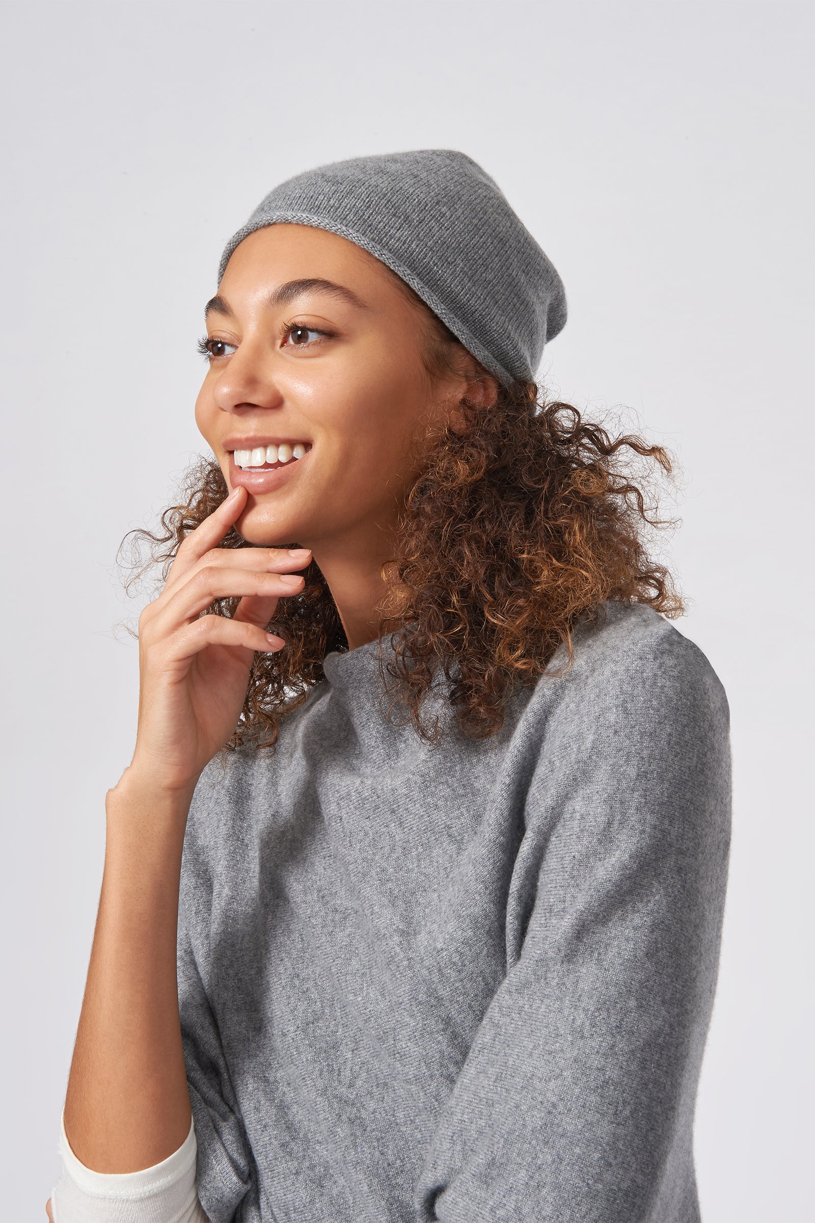 Kal Rieman Cashmere Cap in Flannel Grey on Model Front Side  View