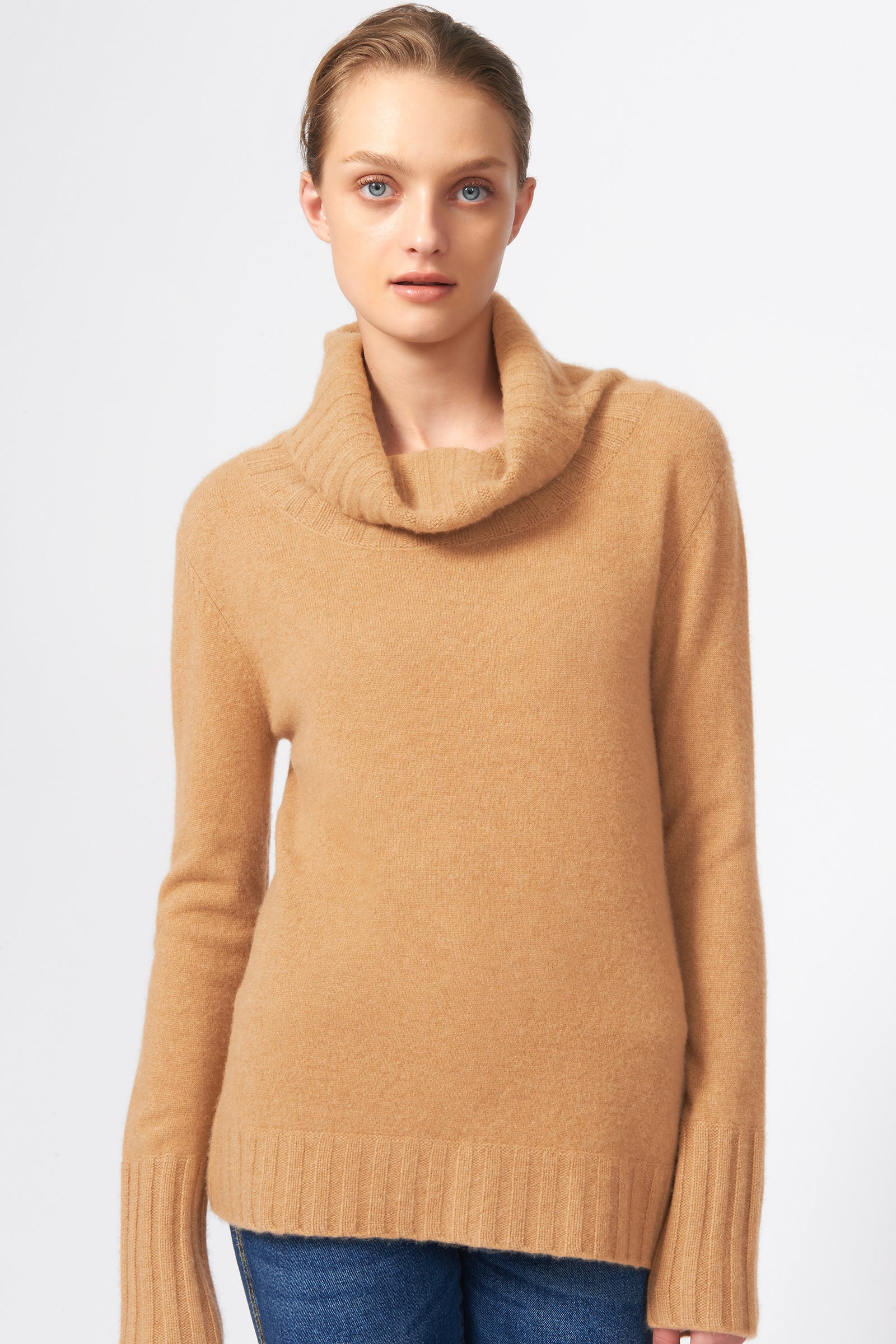 Kal Rieman Cashmere Cowel T-Neck in Camel on Model Front View