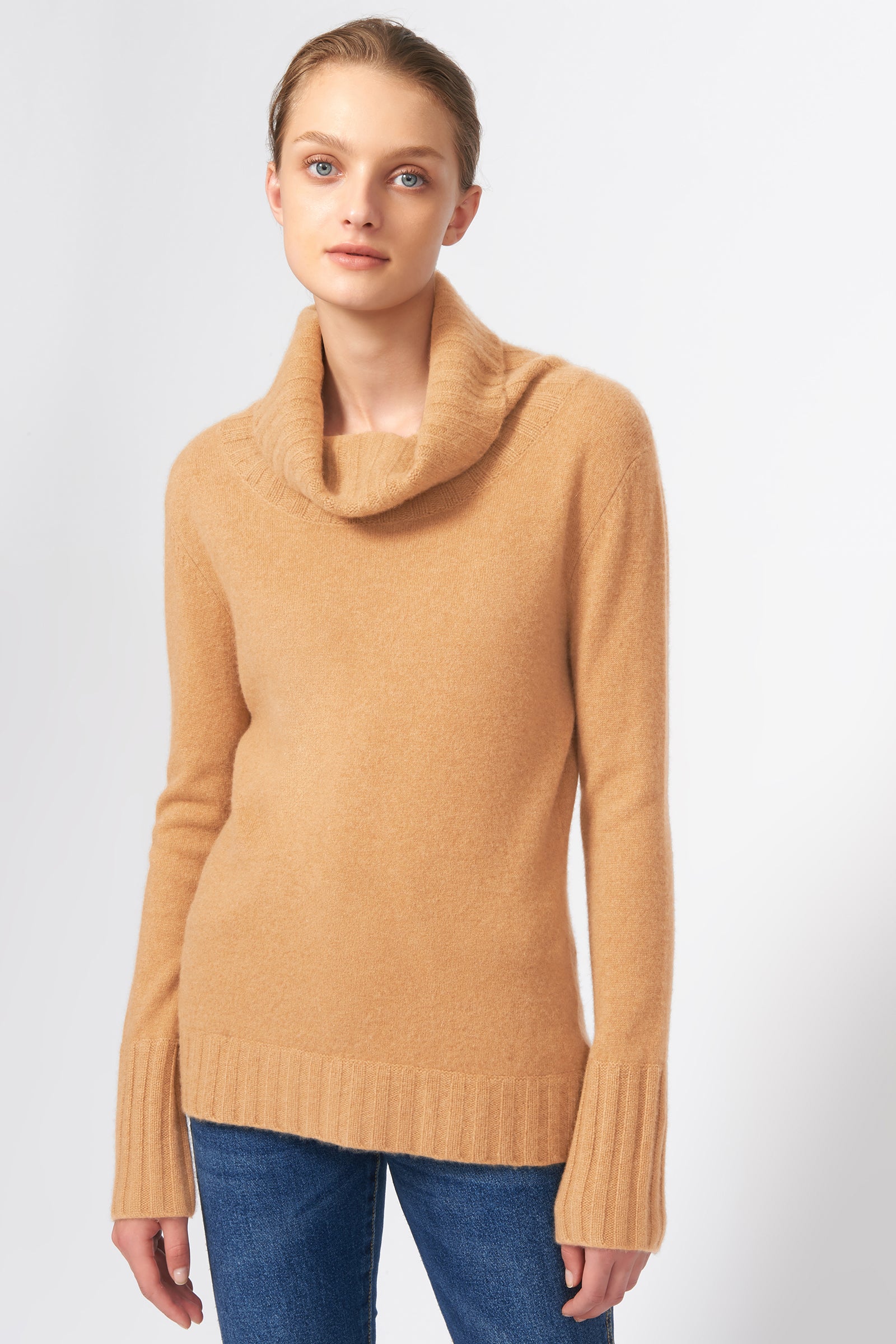 Kal Rieman Cashmere Cowel T-Neck in Camel on Model Front View