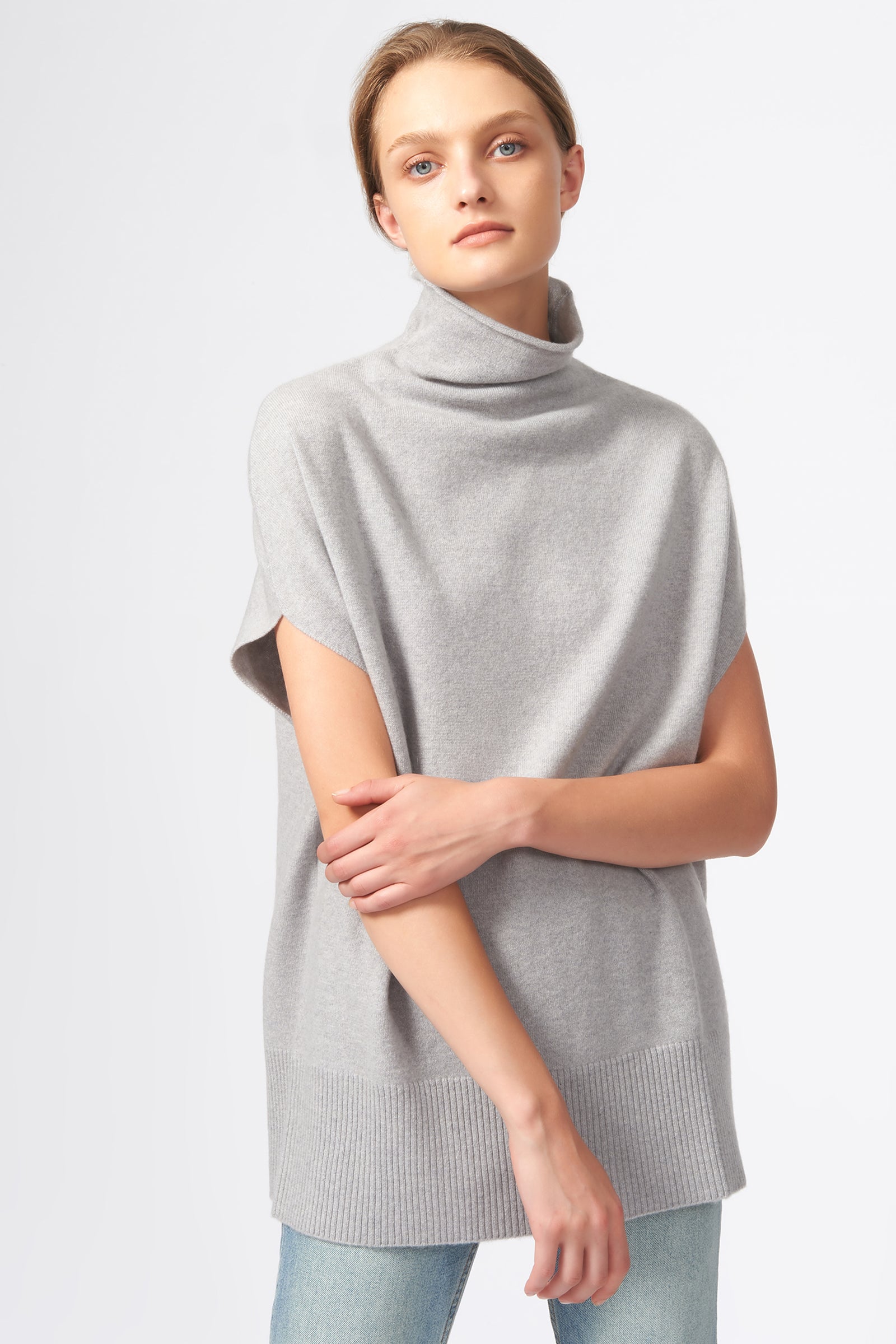 Kal Rieman Cashmere Funnelneck in Heather Grey on Model Front View