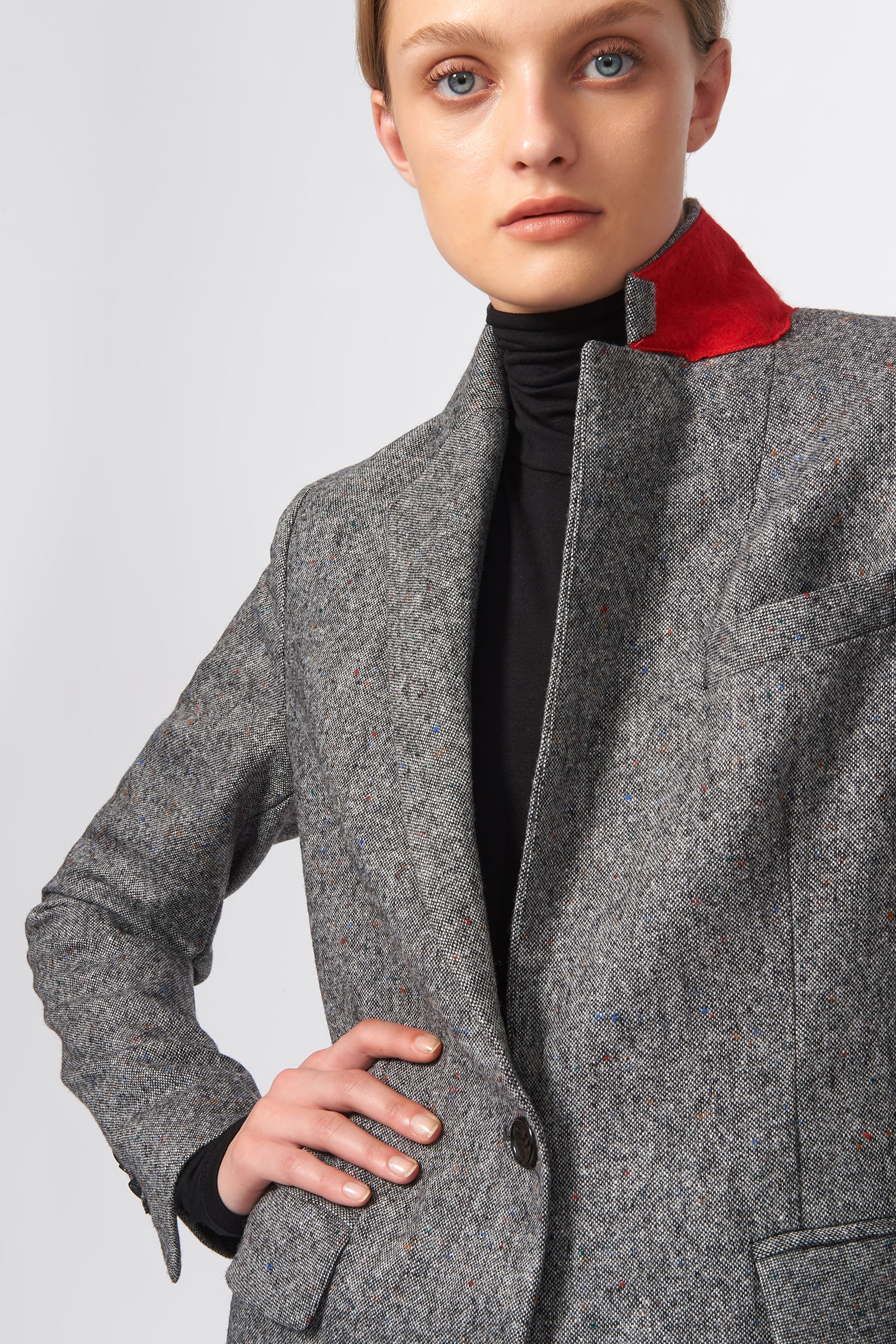 Kal Rieman Classic Notch Blazer in Grey Tweed on Model Front Detail View
