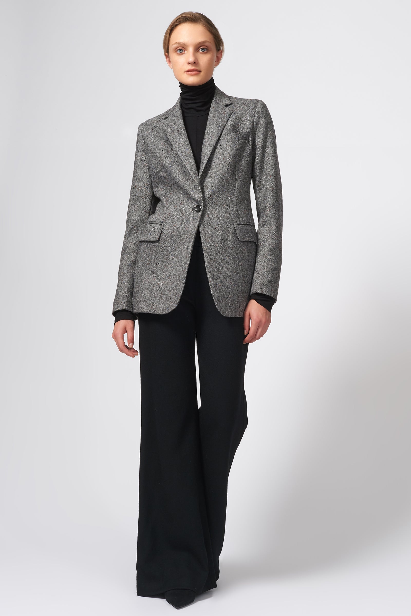 Kal Rieman Classic Notch Blazer in Grey Tweed on Model Front Full View