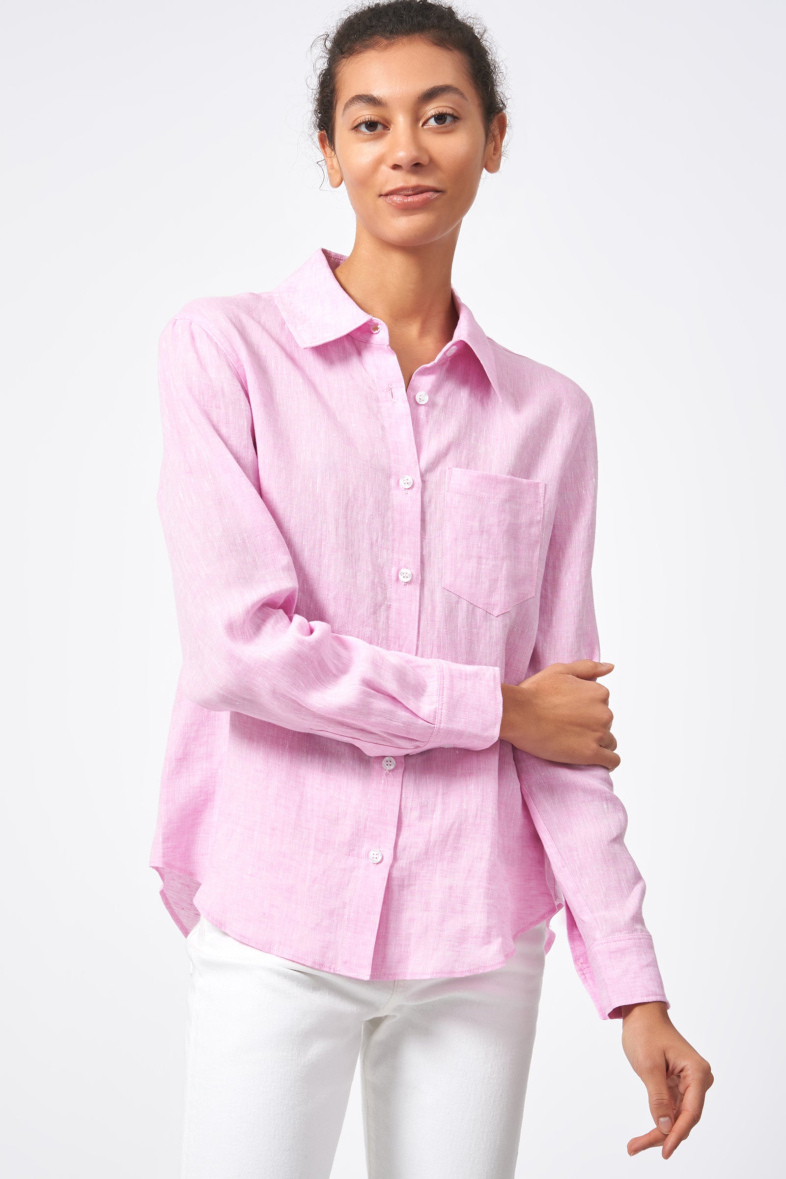 Kal Rieman Classic Tailored Shirt European Linen Pink On Model Front View