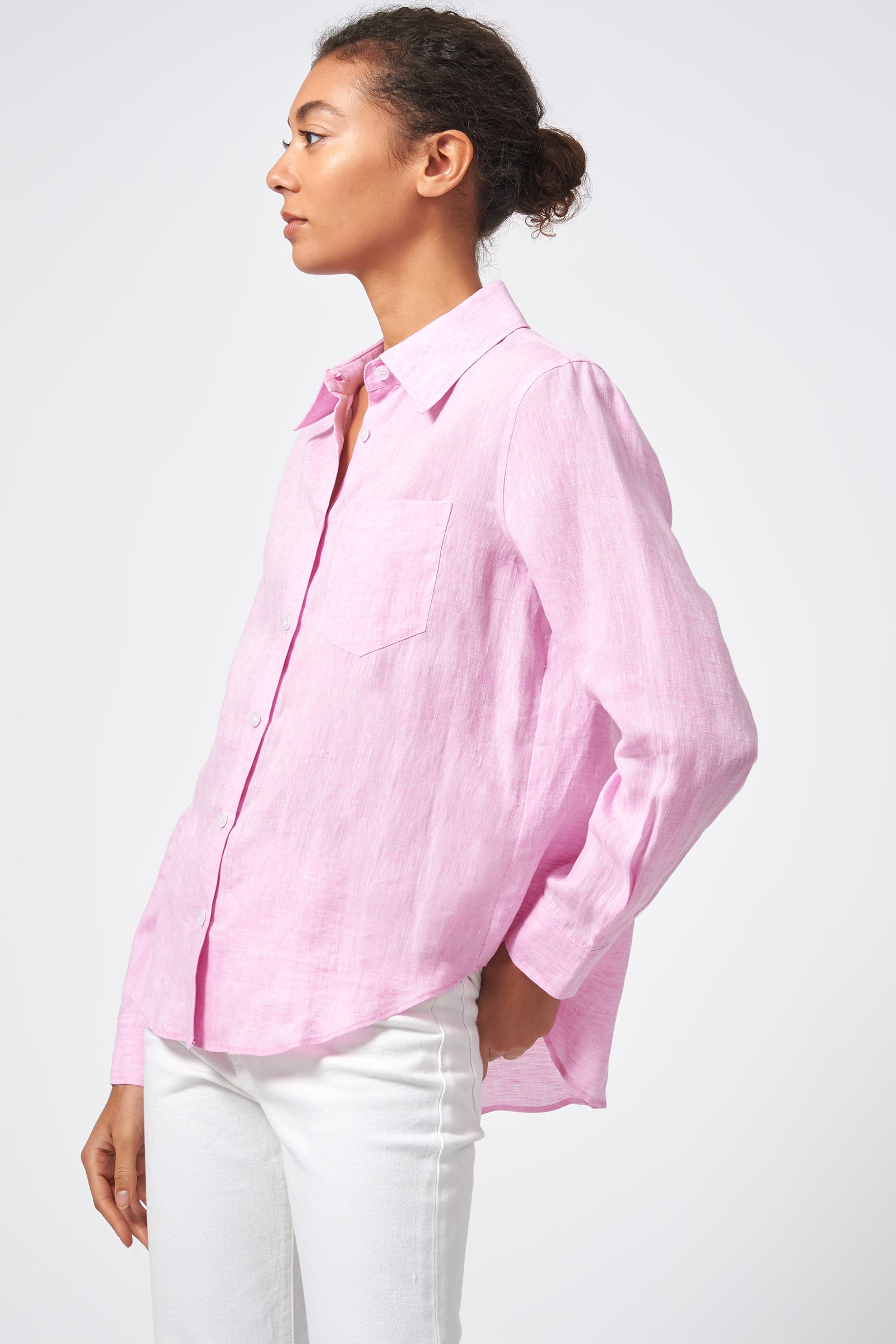 Kal Rieman Classic Tailored Shirt European Linen Pink On Model SIde View