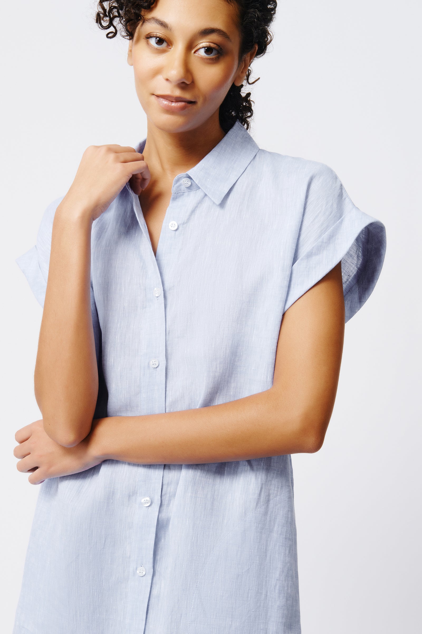 Kal Rieman Hedy Cuffed Cap Sleeve Shirt Dress in Blue Linen on Model Front View Crop 2