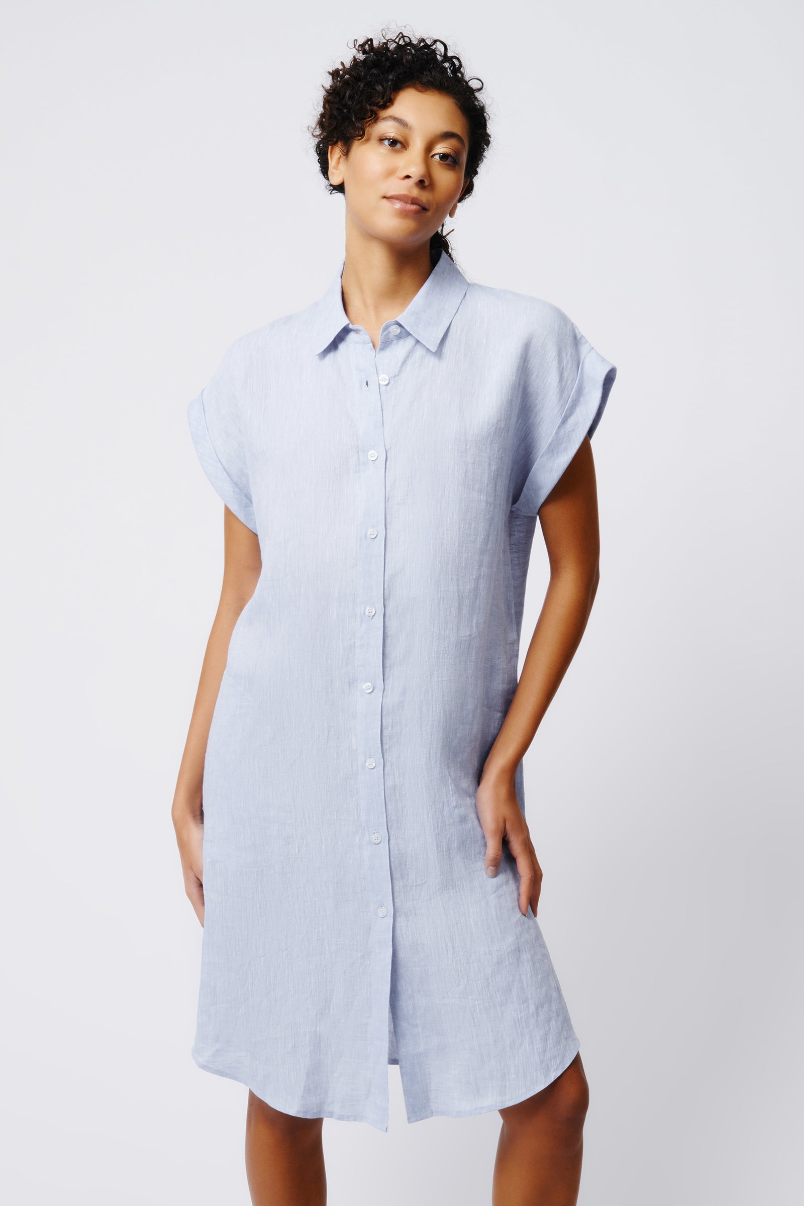 Kal Rieman Hedy Cuffed Cap Sleeve Shirt Dress in Blue Linen on Model Front View Crop 5