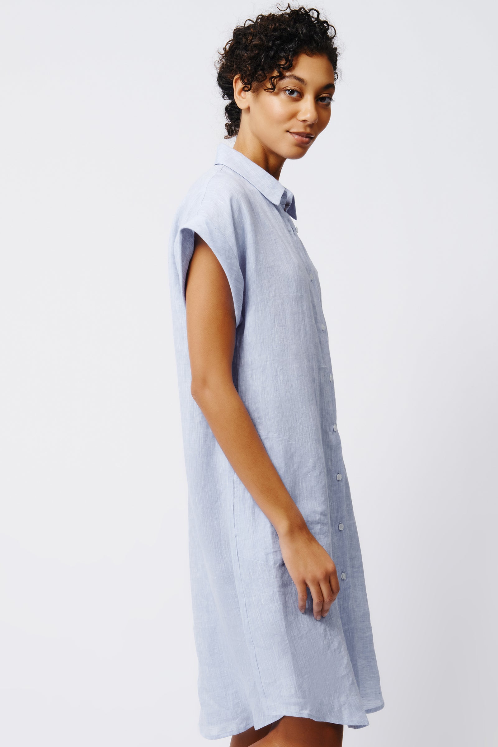 Kal Rieman Hedy Cuffed Cap Sleeve Shirt Dress in Blue Linen on Model Side View Crop 2