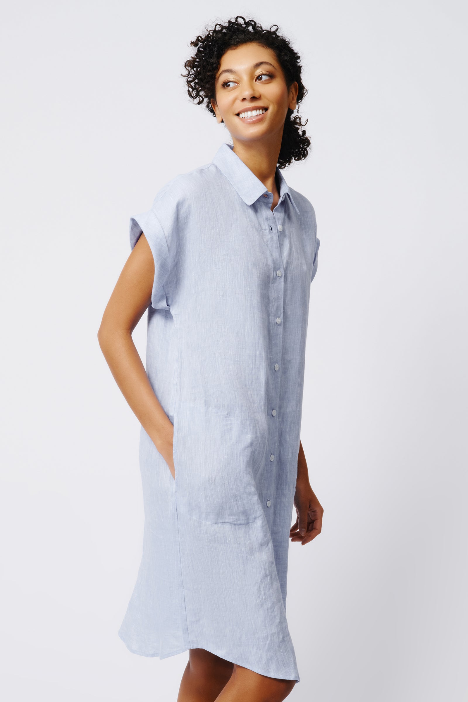 Kal Rieman Hedy Cuffed Cap Sleeve Shirt Dress in Blue Linen on Model Side View Crop