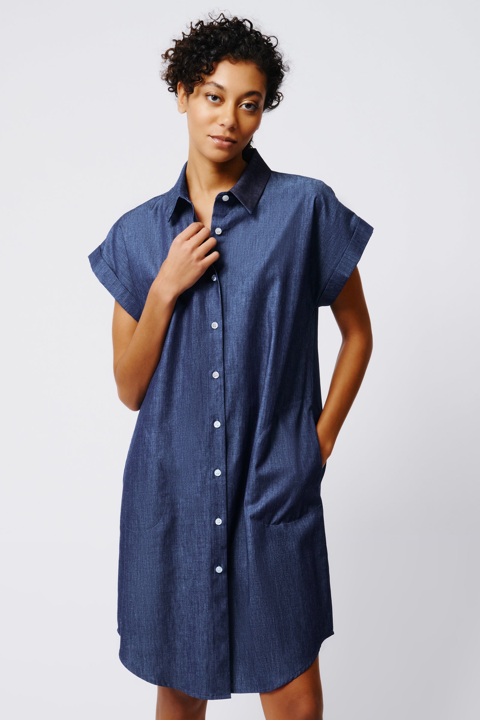 Kal Rieman Hedy Cuffed Cap Sleeve Shirt Dress in Classic Indigo on Model Front View Crop 4