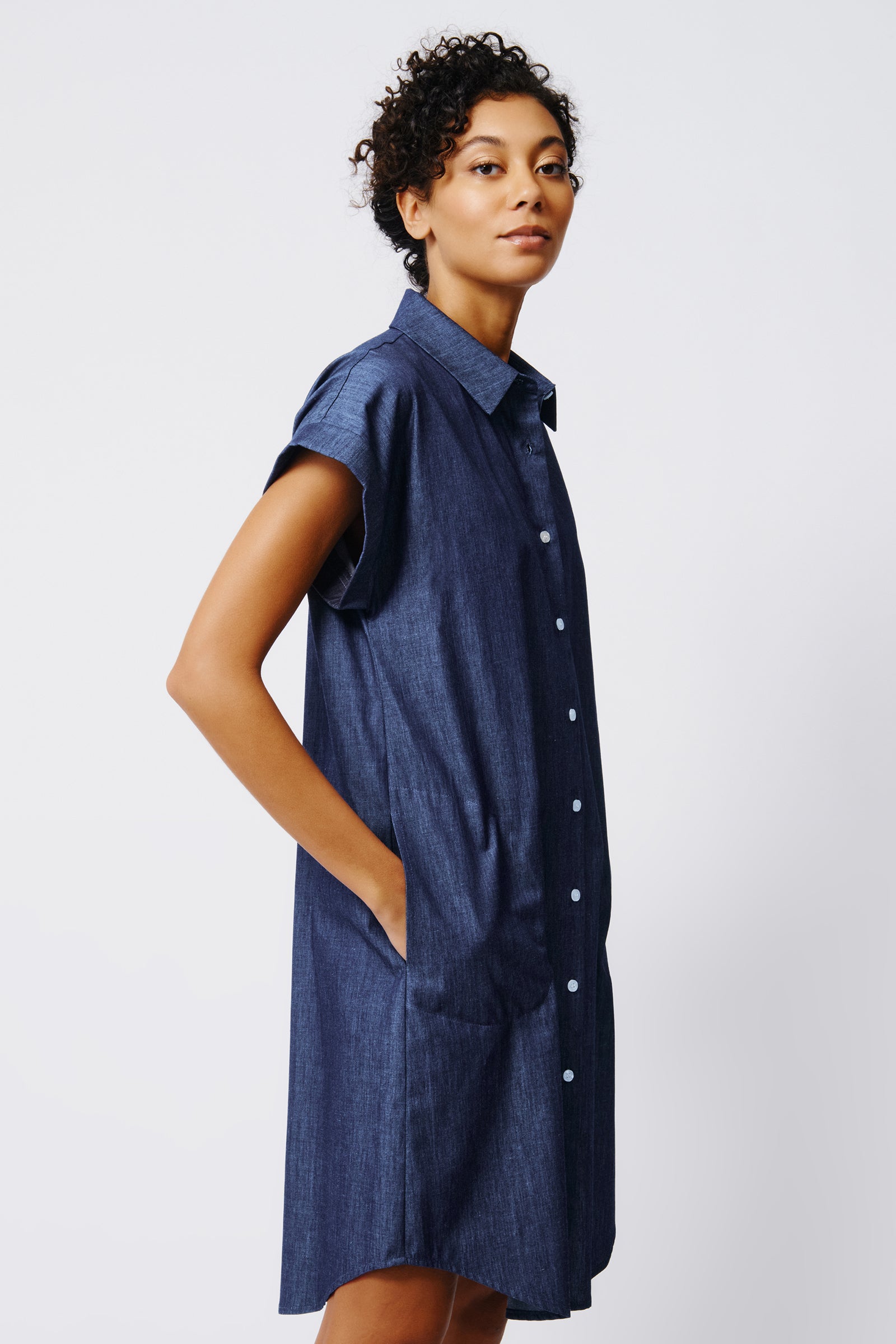 Kal Rieman Hedy Cuffed Cap Sleeve Shirt Dress in Classic Indigo on Model Side View Crop