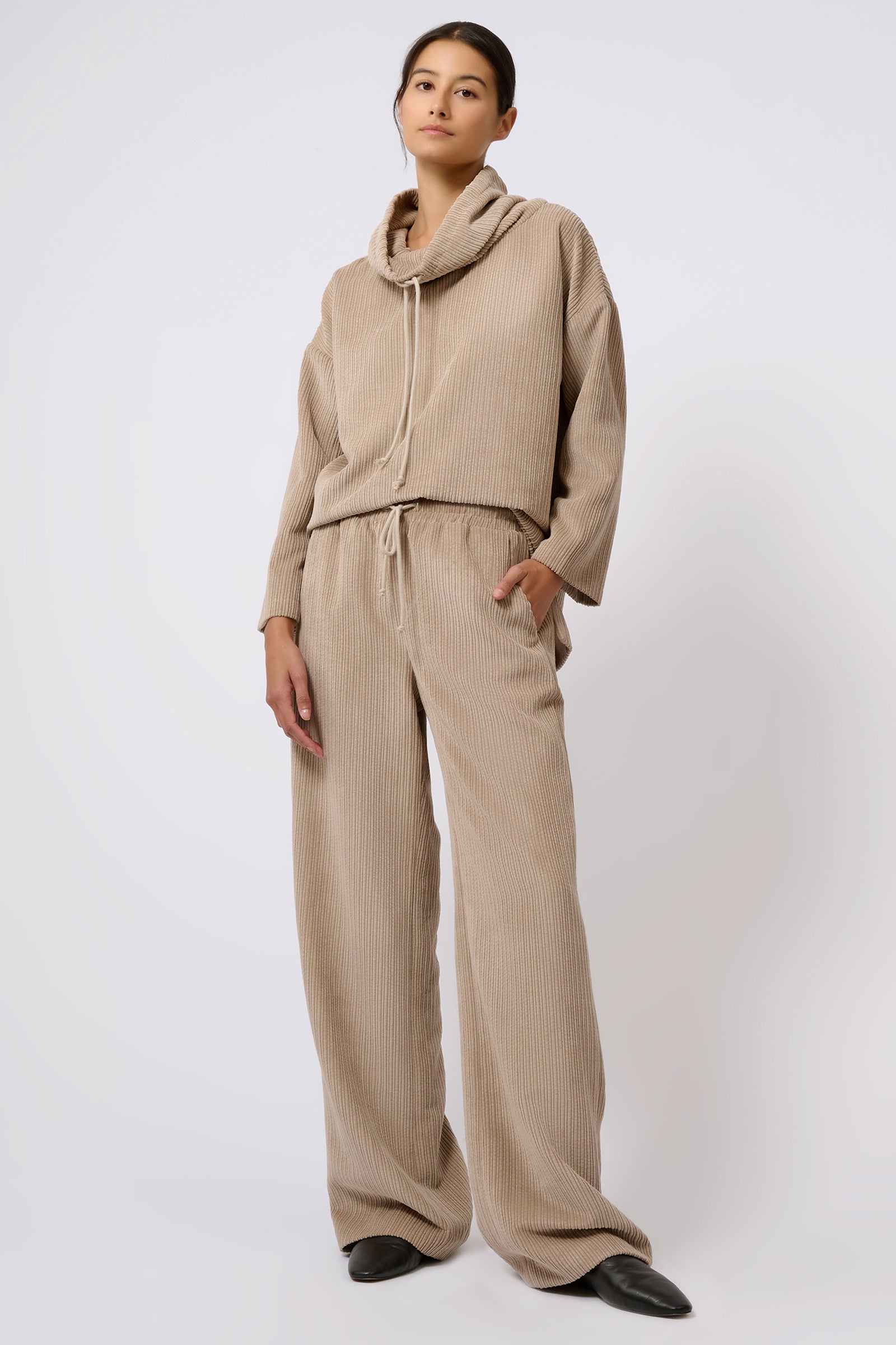 Kal Rieman Debbie Drawstring Pant in Beige on Model with Left Hand in Pocket Full Front View