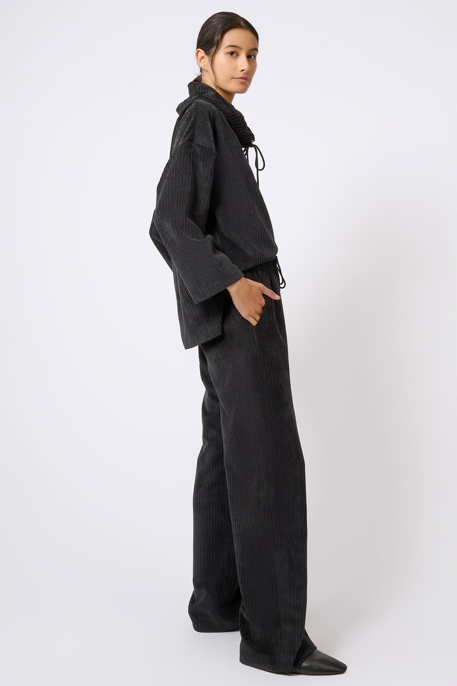 Debbie Drawstring Pant in Black Constructed from Wide Wale Soft