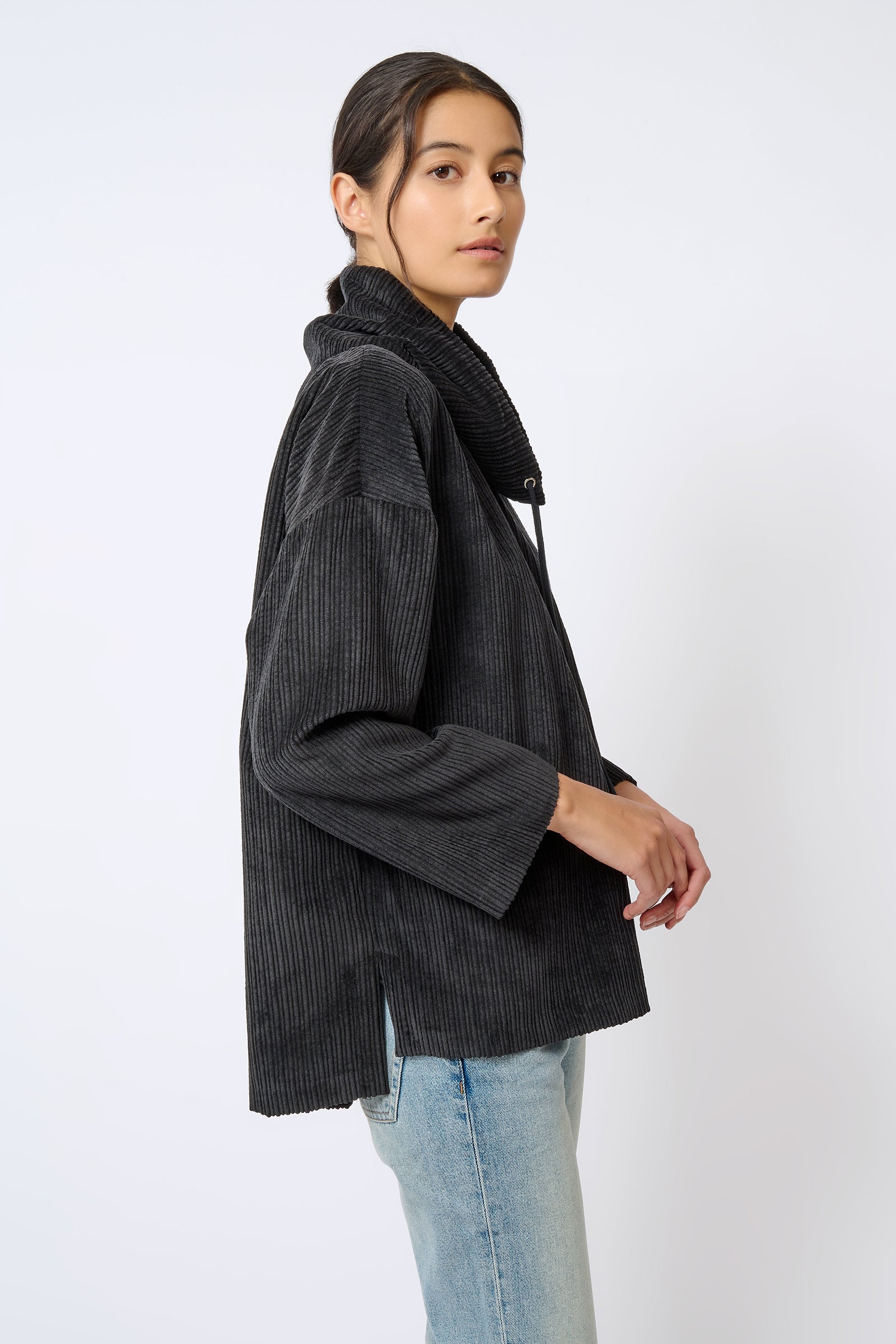 Kal Rieman Debbie Drawstring Pullover in Black on Model Side View