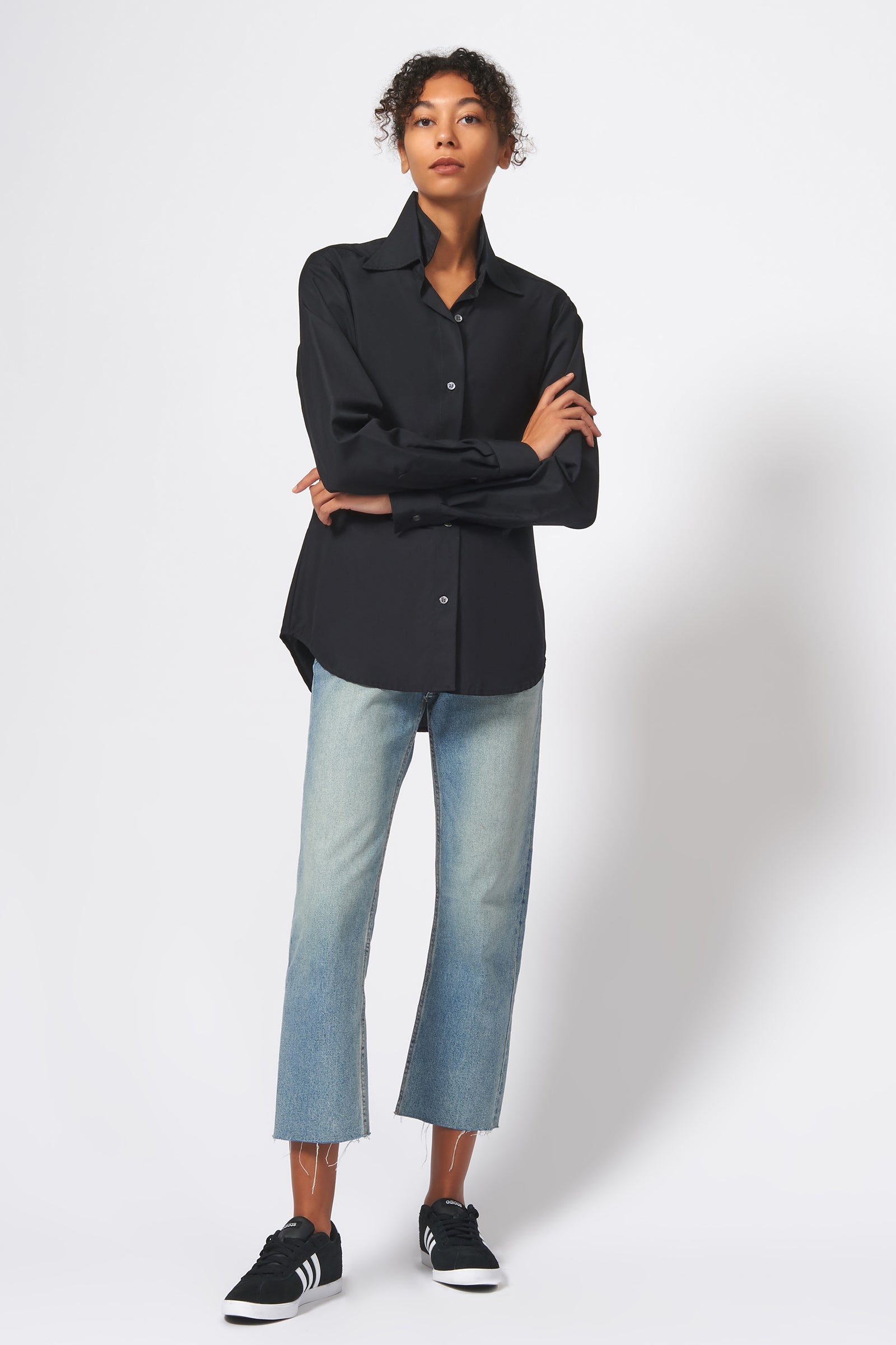 Kal Rieman Double Collar Shirt in Black Ottoman on Model Full Front View