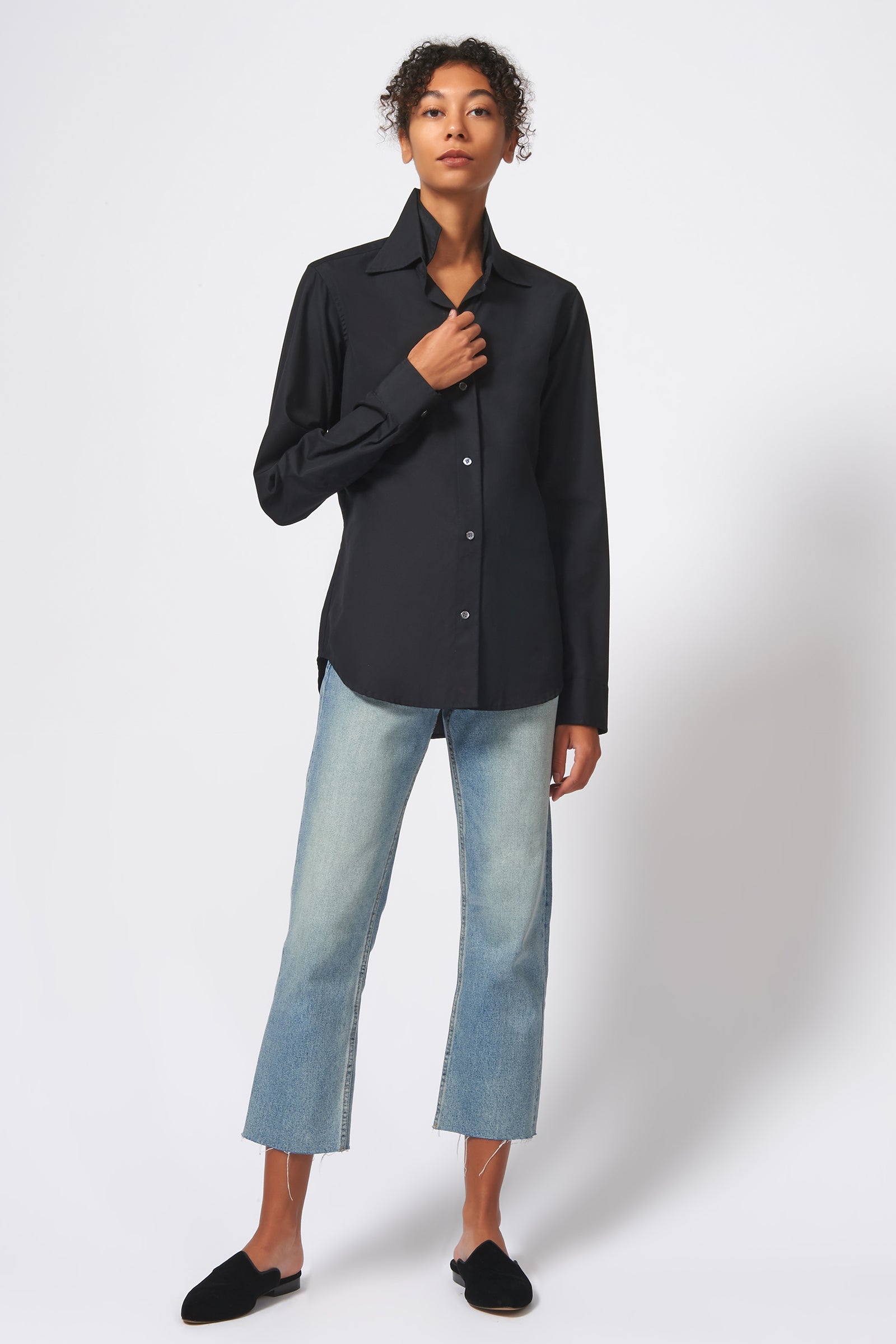 Kal Rieman Double Collar Shirt in Black Ottoman on Model Full Front View