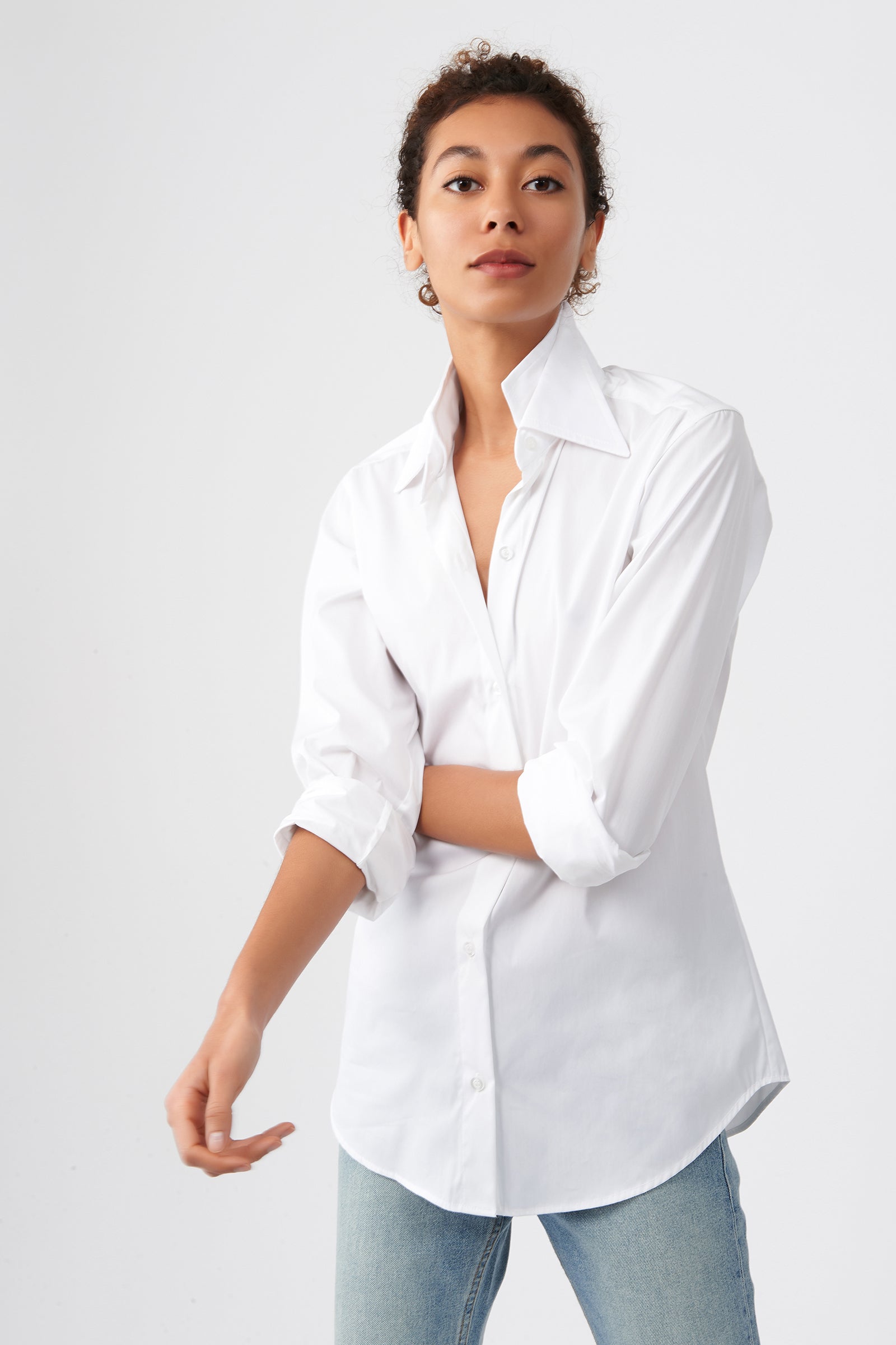 Kal Rieman Double Collar Shirt in White Cotton on Model Front View