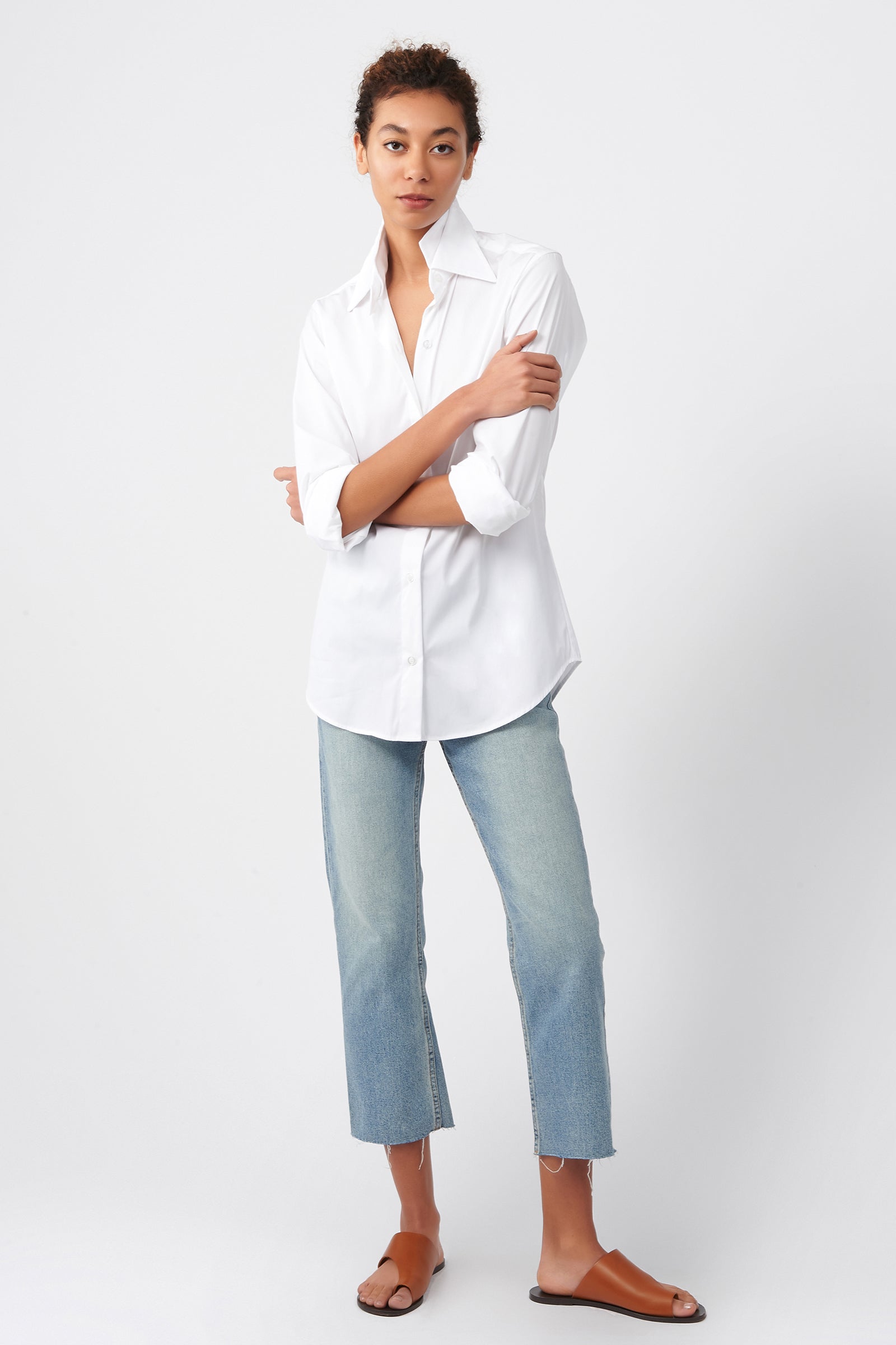 Kal Rieman Double Collar Shirt in White Cotton on Model Full Front Alternate View