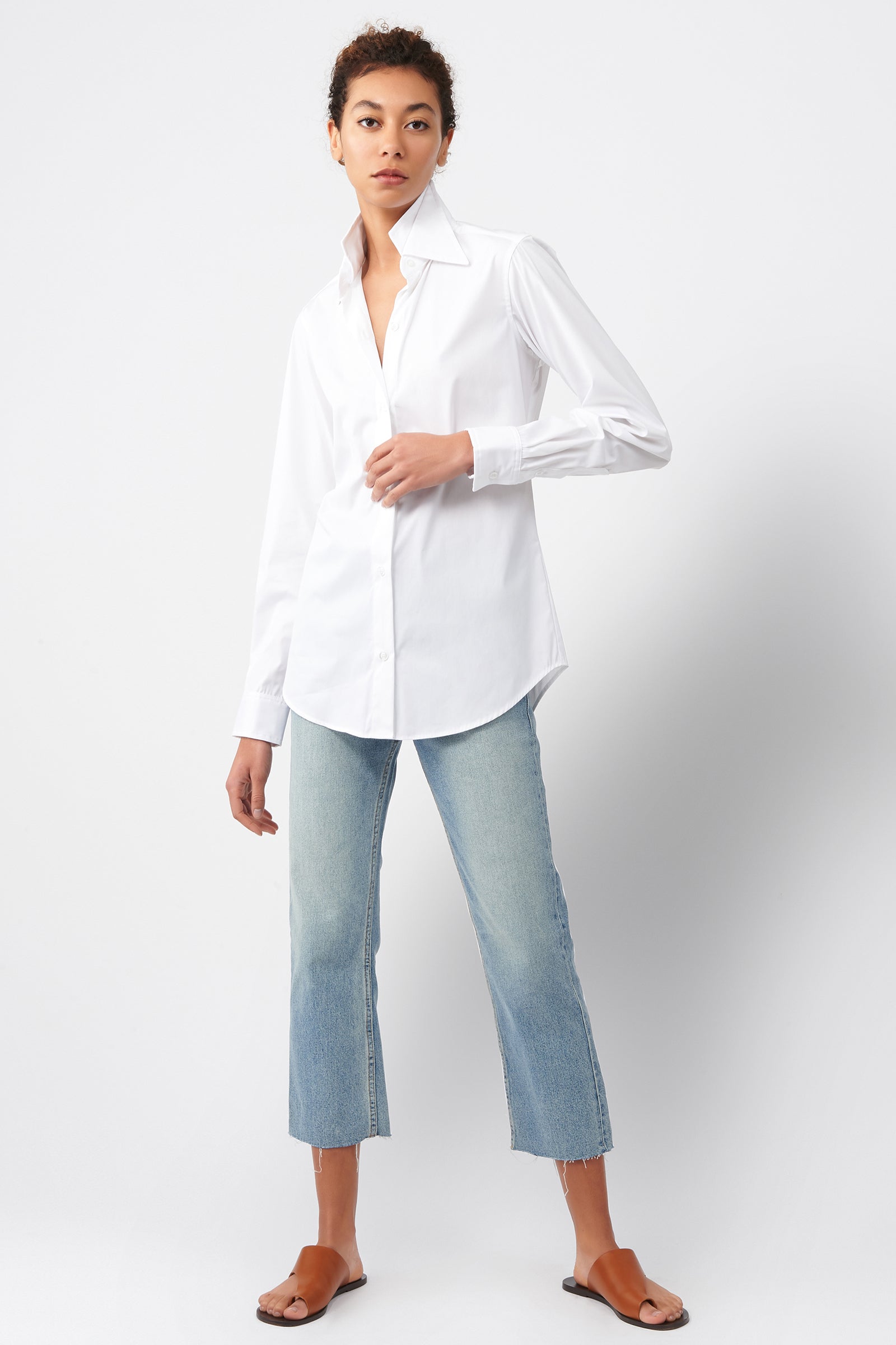 Kal Rieman Double Collar Shirt in White Cotton on Model Full Front View