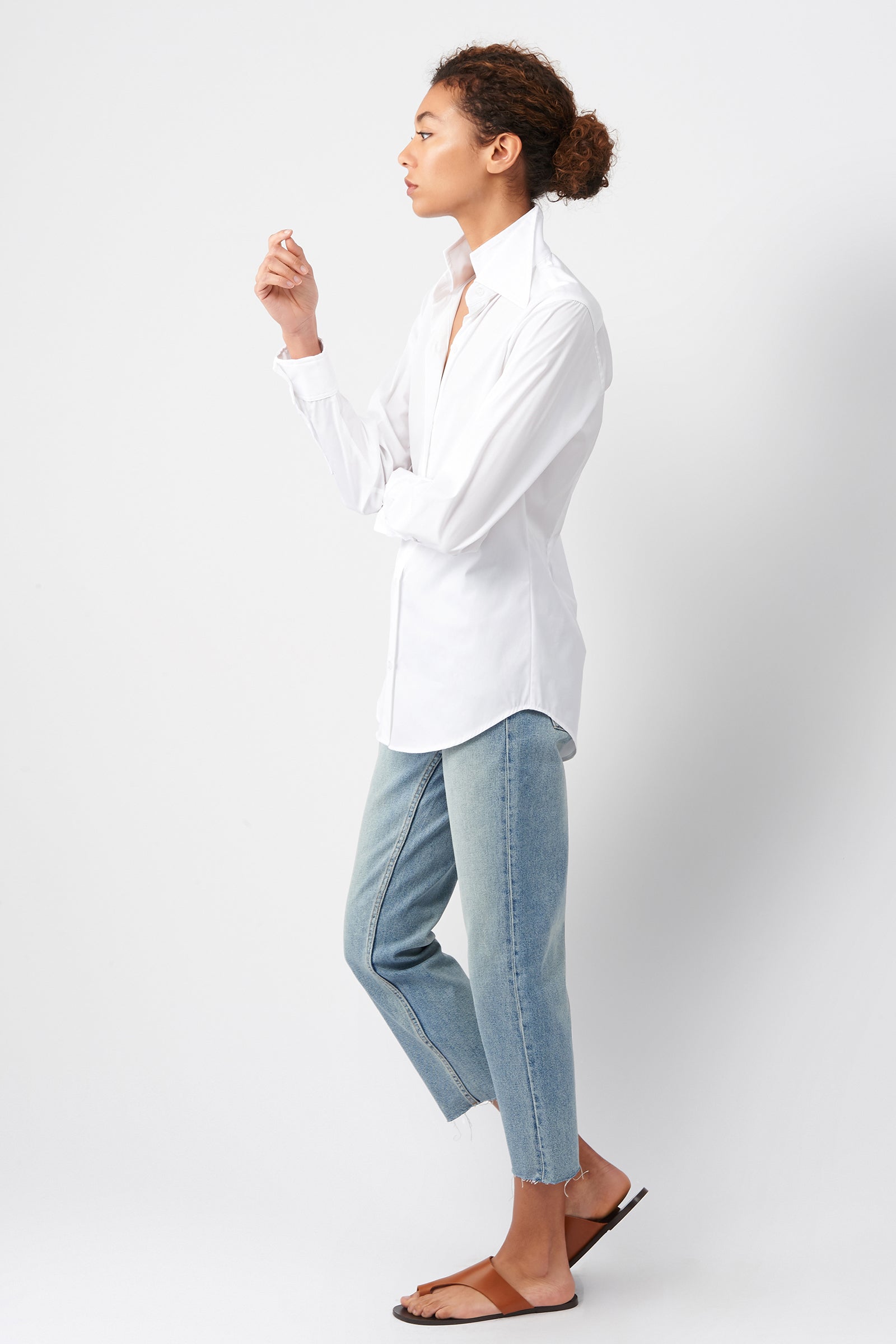 Kal Rieman Double Collar Shirt in White Cotton on Model Side View