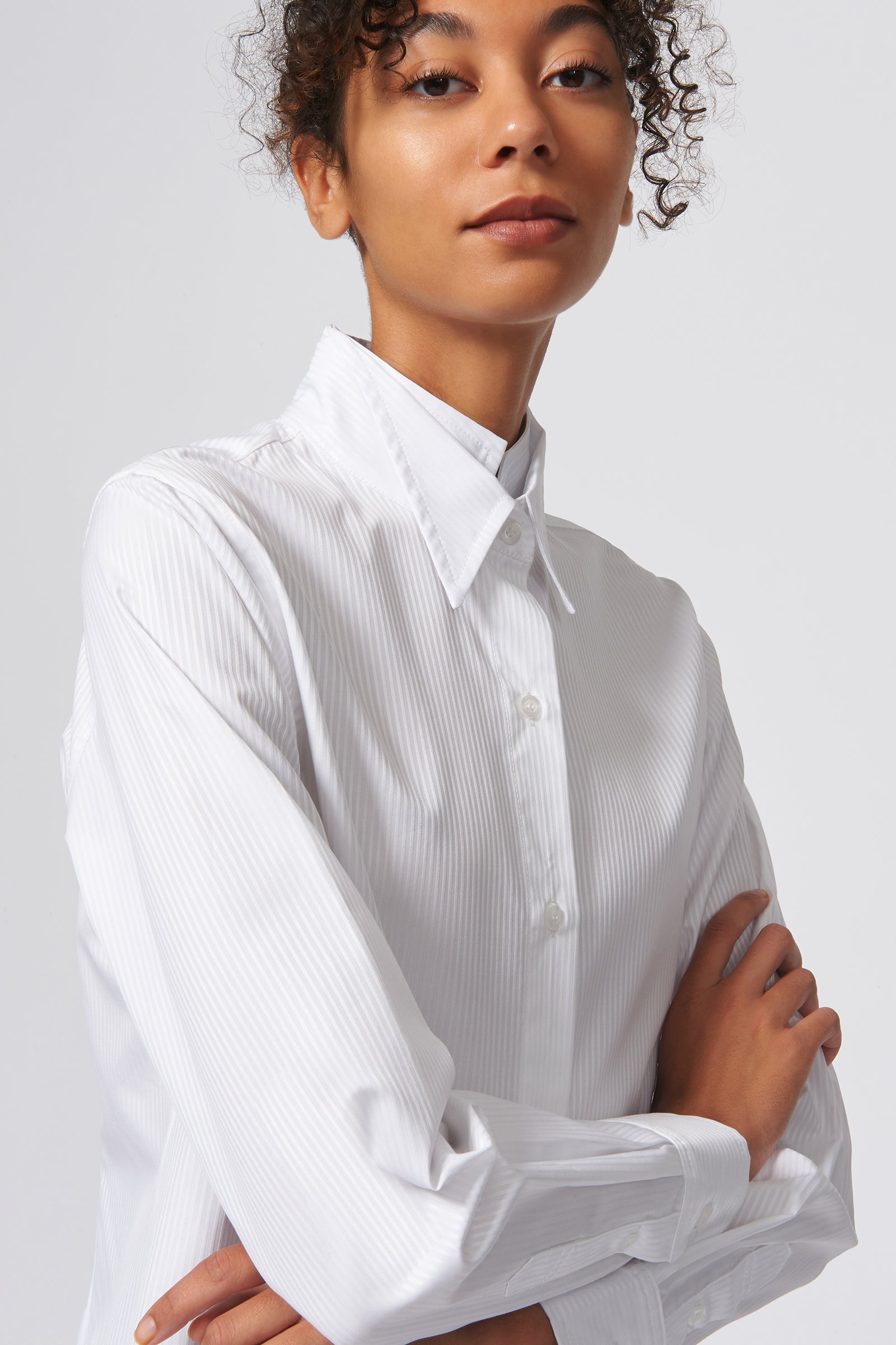 Kal Rieman Double Collar Shirt in White Satin Stripe on Model Close Up View