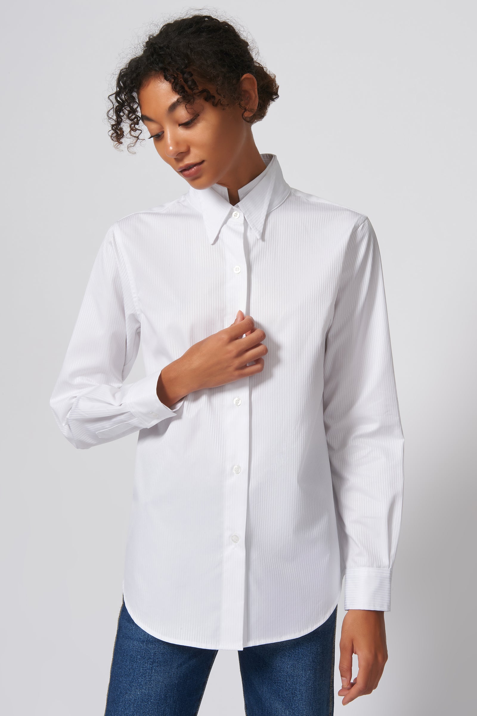 Double Collar Shirt in White Satin Stripe Made From 100% Cotton 