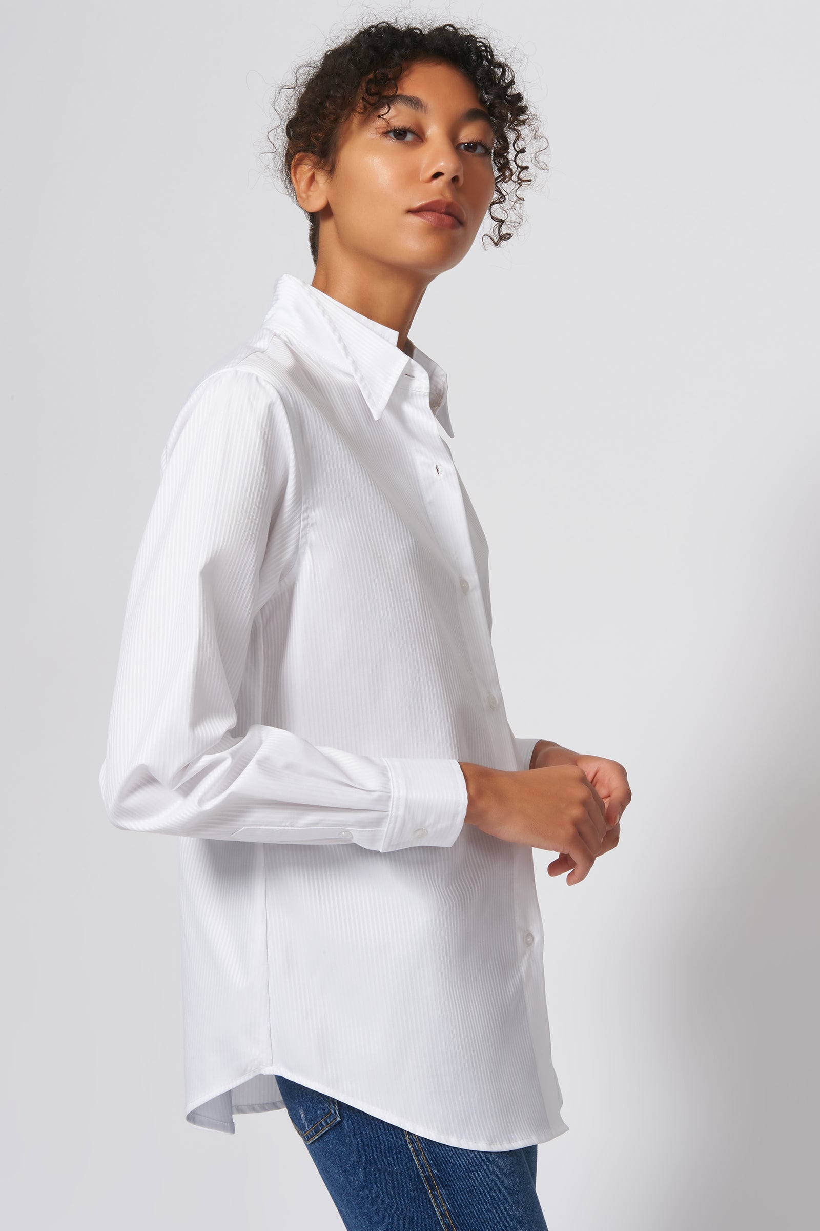 Kal Rieman Double Collar Shirt in White Satin Stripe on Model Side View